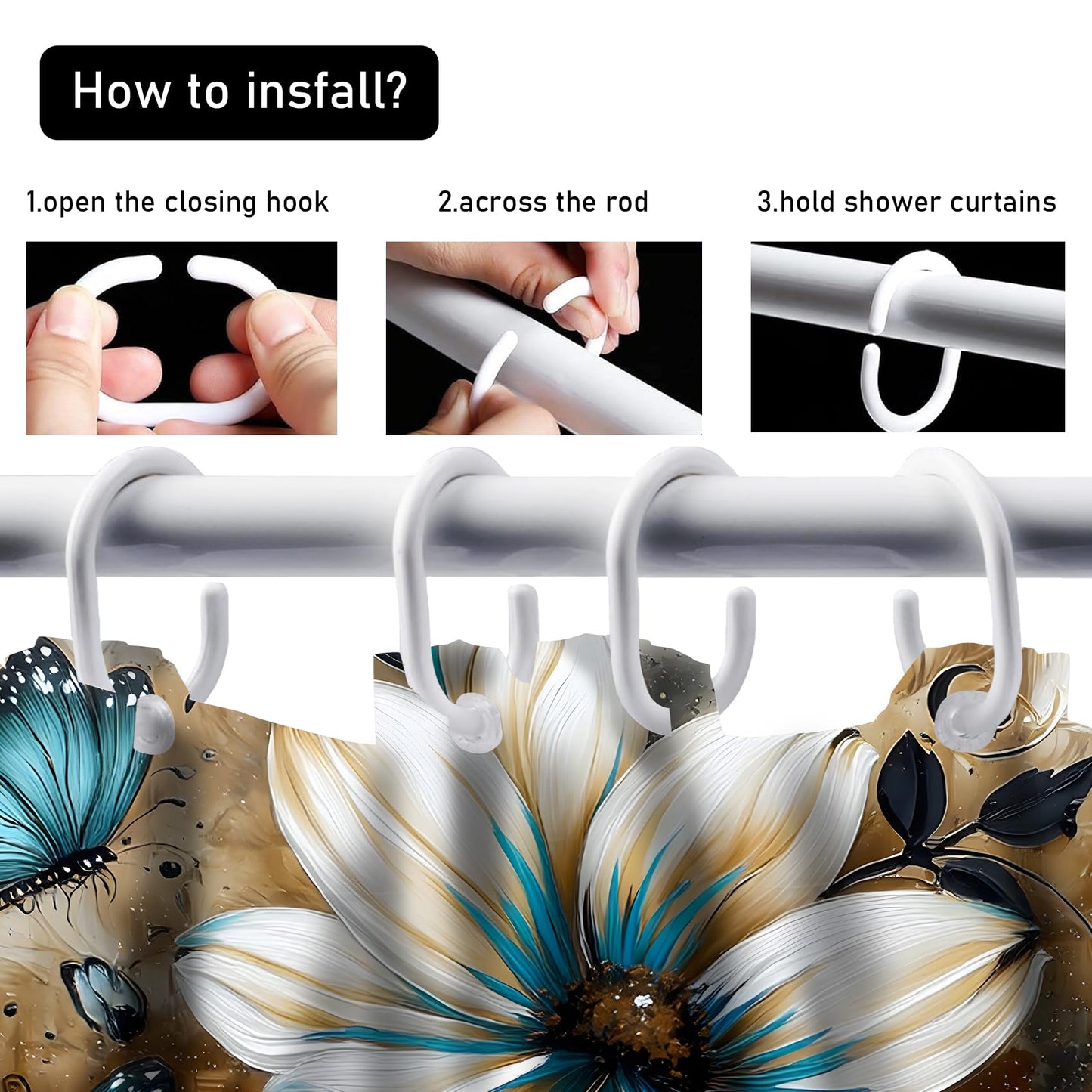 AZHM 4pcs White and Blue Artistic Painted Flowers Shower Curtain Set Floral and Butterfly Bathroom Sets with Rugs and Accessories