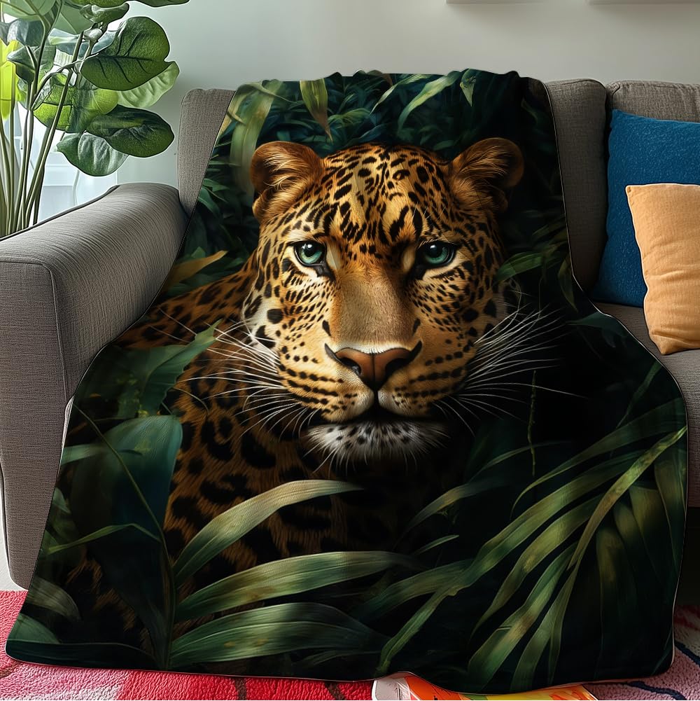 HUNXIAOJ Leopard Throw Blanket Animal Print Blanket Cheetah Gifts for Kids Warm Soft Flannel for Girls Boys Woman Teens Adults Bed Sofa Couch (49in x 59in)