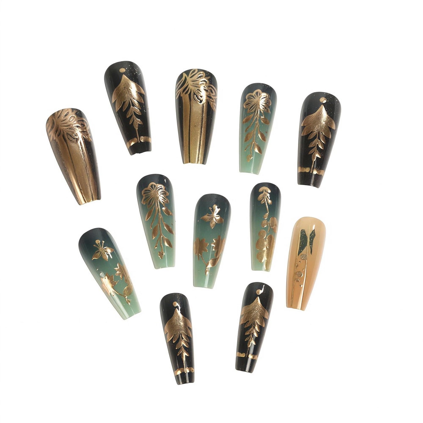 MERVF 24Pcs Long Coffin Press on Green Gold Fake Nails with Flower, Leaf Design Luxury Glue ons Acrylic Glossy Finish Manicure