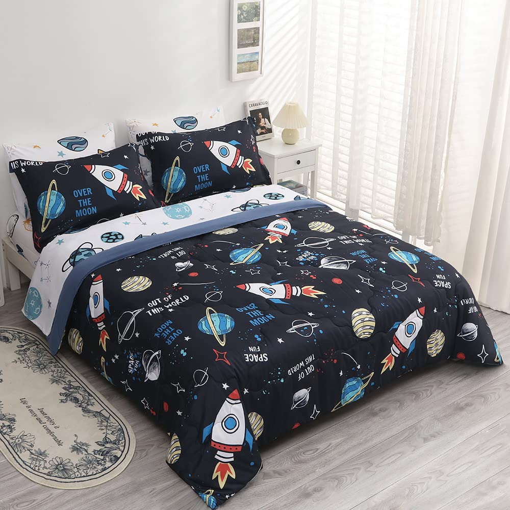 Wajade Kids Space Comforter Set Bed in A Bag Queen Size 7 Piece 3D Space Rocket Planets Bedding Set for Teens Boys Girls (1 Comforter, 1 Flat Sheet, 1 Fitted Sheet, 2 Pillowcase and 2 Pillow Sham)