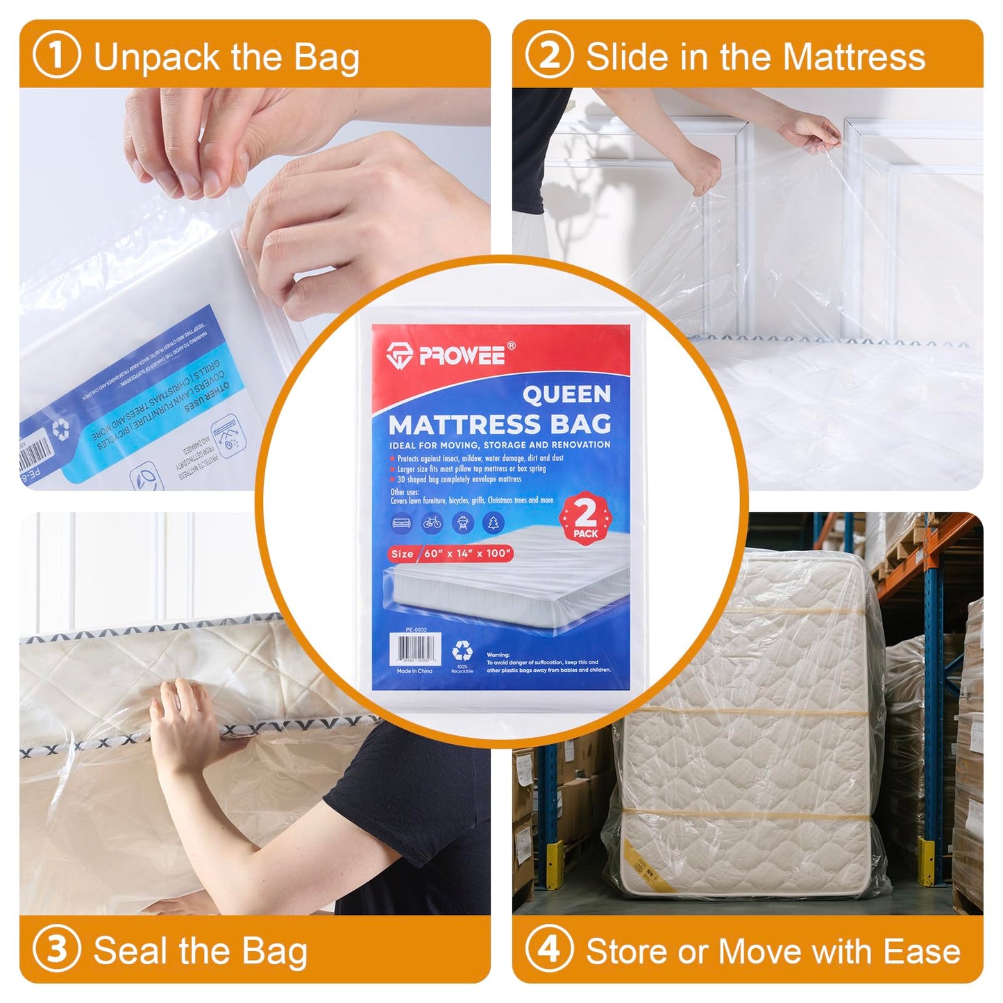 PROWEE 2 PK Queen Mattress Bags for Moving Storage,Mattress Bag for Disposal, Mattress Storage Bag Queen Mattress Cover for Moving