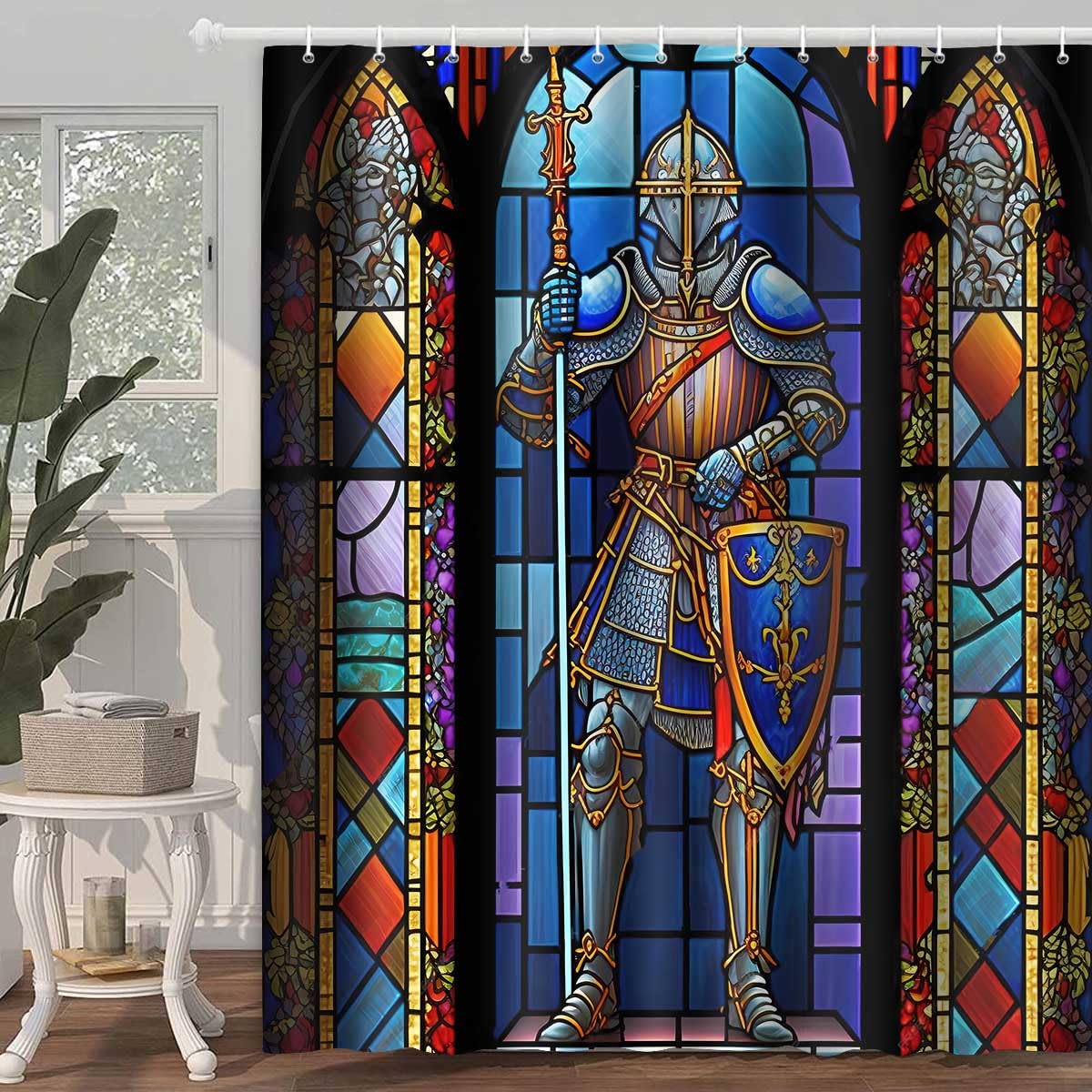 TPMDFC Medieval Shower Curtain, 72x72 inch Polyester, Medieval Knight Stained Glass Bathroom Shower Curtains Decor Set with 12 Hooks YLOKTP0834