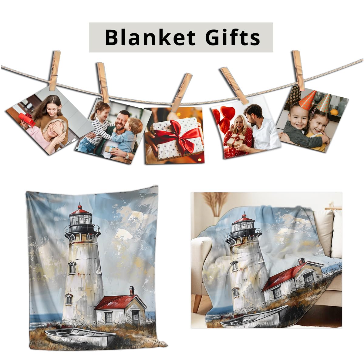 HUNXIAOJ Lighthouse Print Throw Blanket Coastal Flannel Blanket for Couch Bed Nautical Lighthouse Throw Soft Bedding Beach Bedroom Decor Gifts (49"x59")