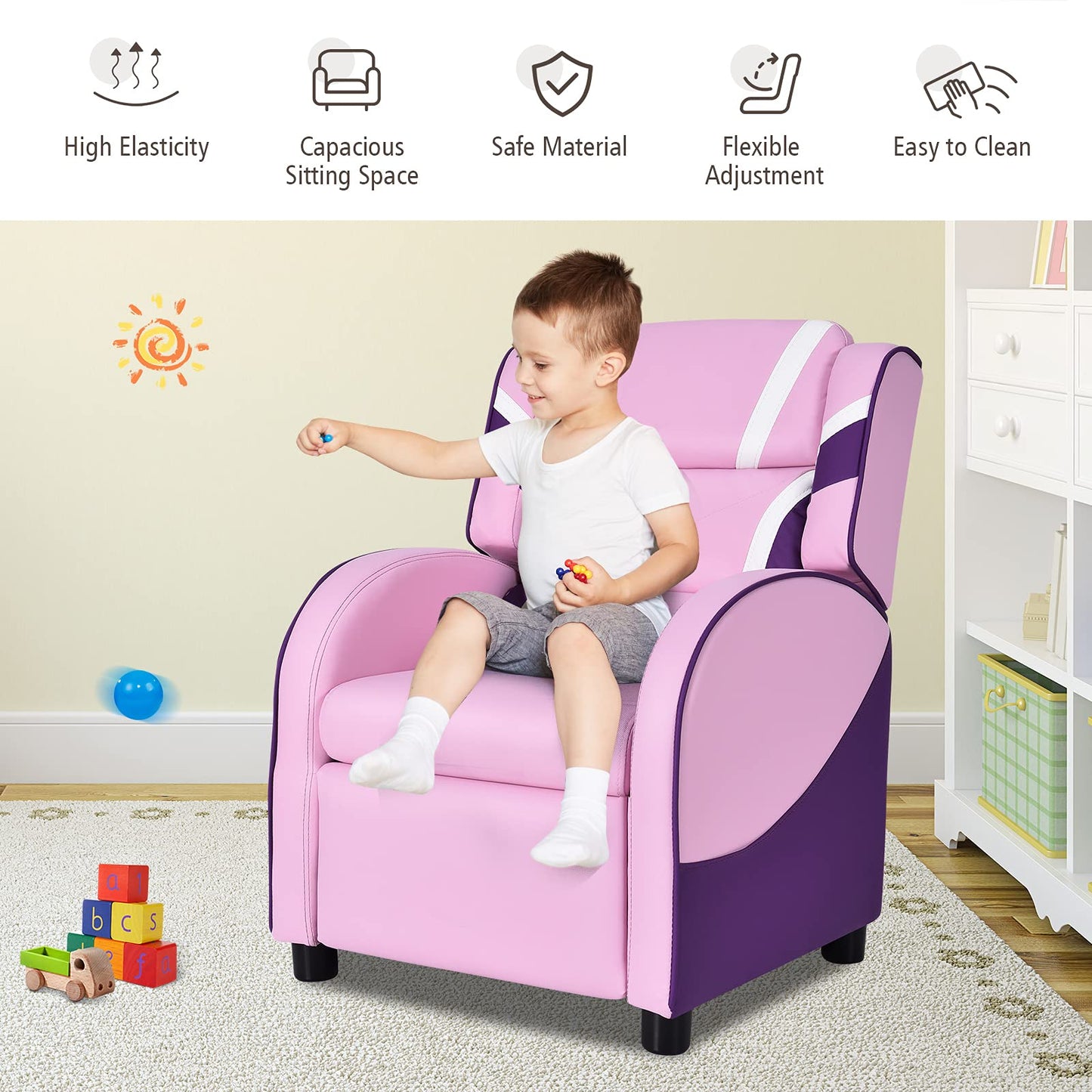 Costzon Kids Recliner, Gaming Recliner Chair w/Footrest, Headrest, Lumbar Support & Side Pockets, Ergonomic Leather Lounge Chair for Living & Gaming Room, Adjustable Recliner Sofa for Boys Girls, Pink