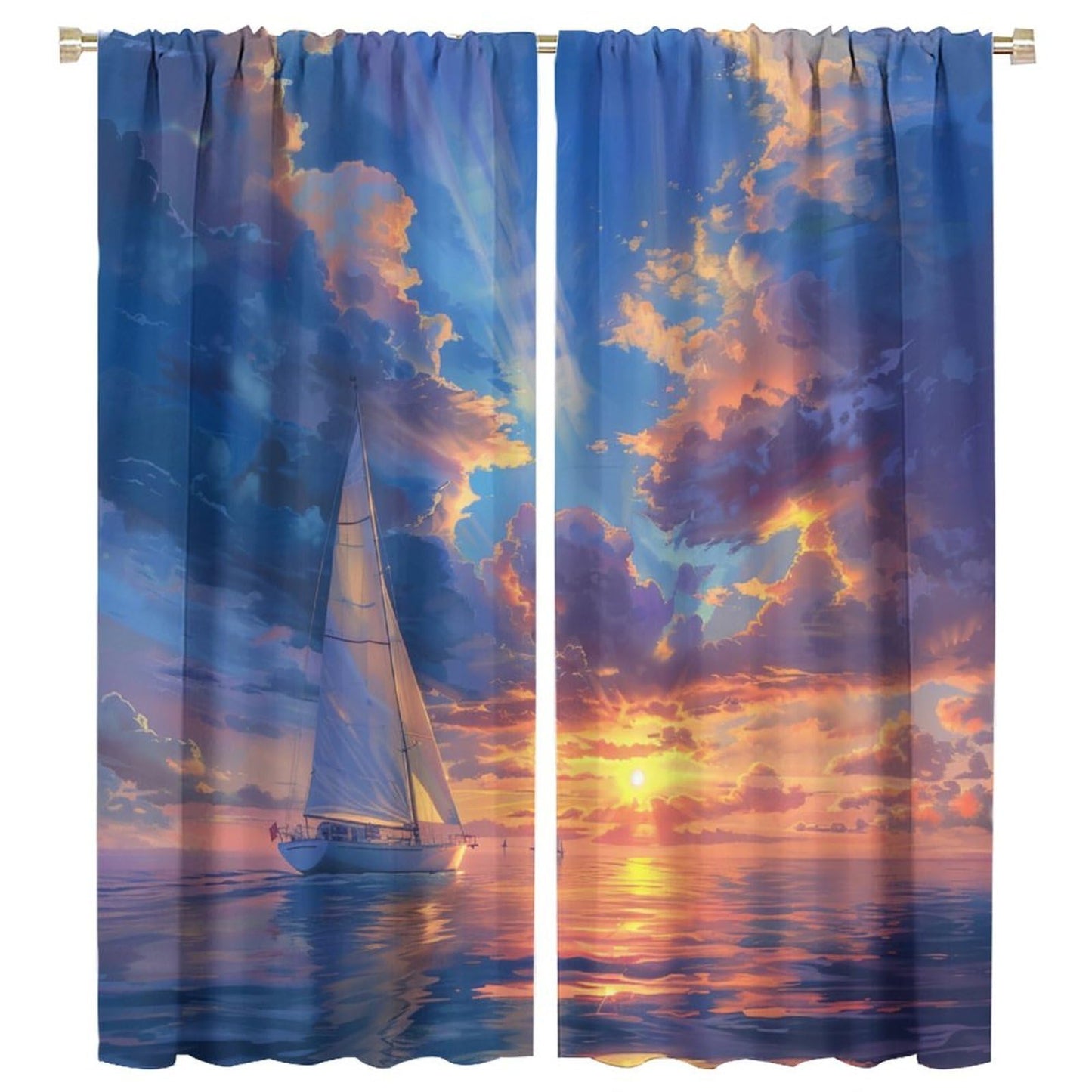 TOWINSFB Ocean Sunset Scenery Blackout Curtains for Living Room Bedroom, Retro Rustic Nature Nautical Sailboat Window Curtains Rod Pocket Thermal Insulated Window Drapes, 2 Panels, Each 21W x 45L