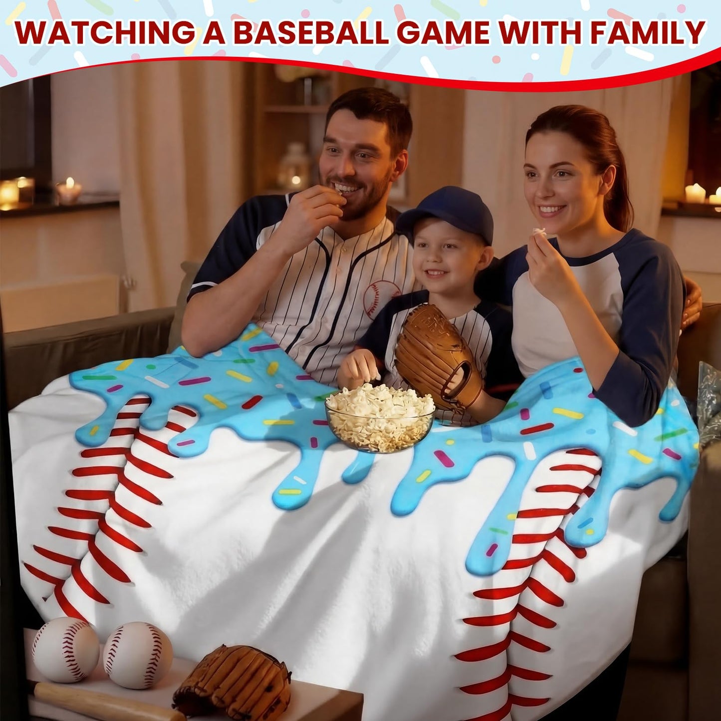 Tigeen 1 Pcs 60" Round Ice Cream Baseball Blanket for Teens Boys Girls Adults Soft Flannel Baseball Ice Cream Drip Stuff Throw for Couch Bed Dorm Room Decor Player Team Senior Night Gifts (Blue)