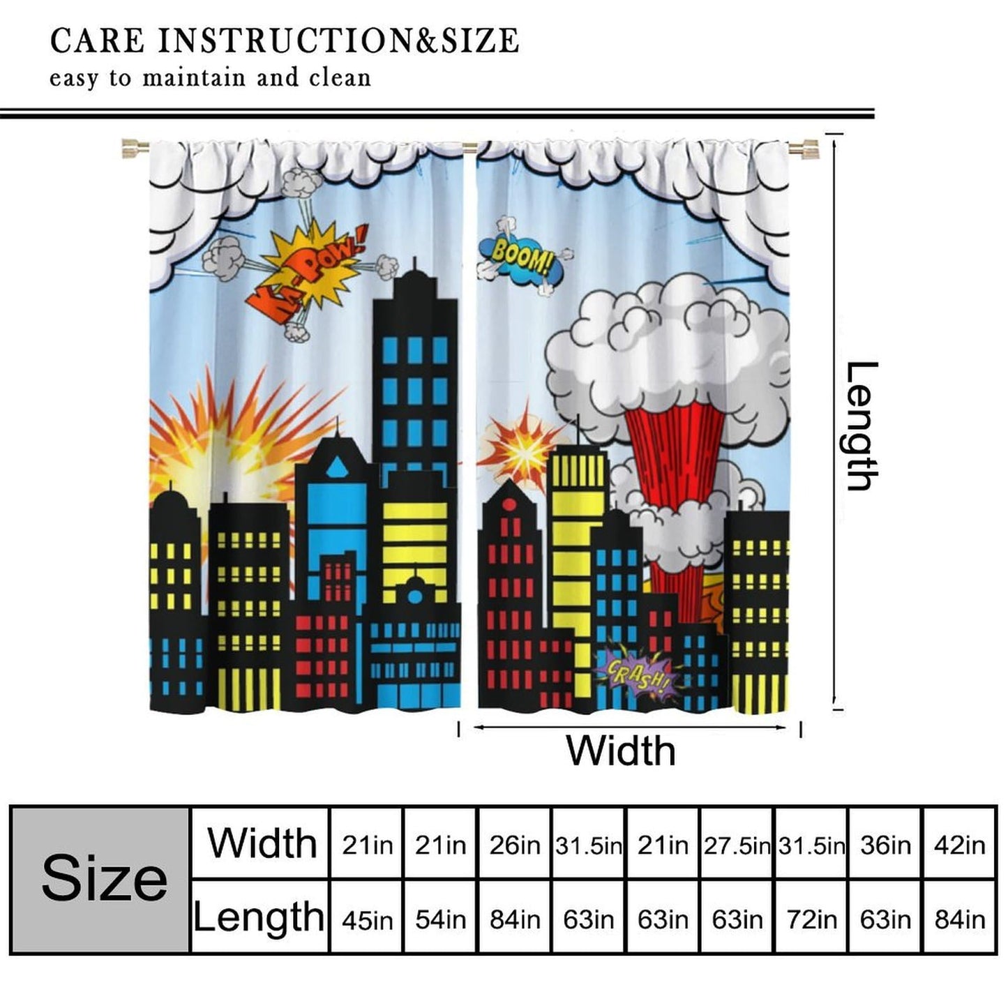 Hero Curtains for Kids Buildings Cityscape Cartoon City Comic Art Window Treatments for Boys Girls Bedroom Nursery Décor Drapes 2 Panel Sets Total Size 42" x 45"