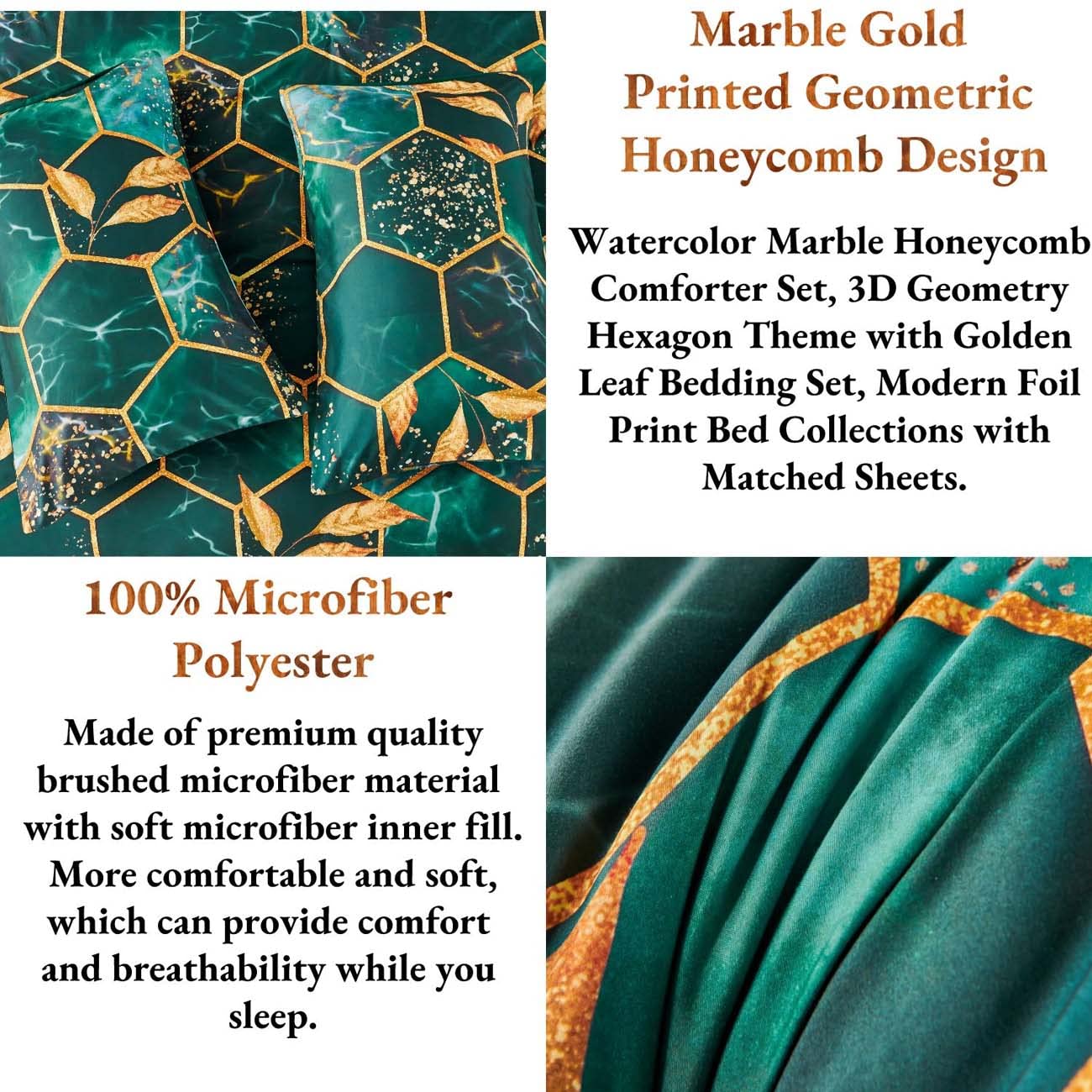 ANGIYUIN 3D Marble Printed Emerald Green Comforter Set Full, 7Pcs Geometric Hexagon Theme Comforter Gold Trim Bed in A Bag Full, Modern Watercolor Foil Print Bedding Set with Sheets (Green Full)