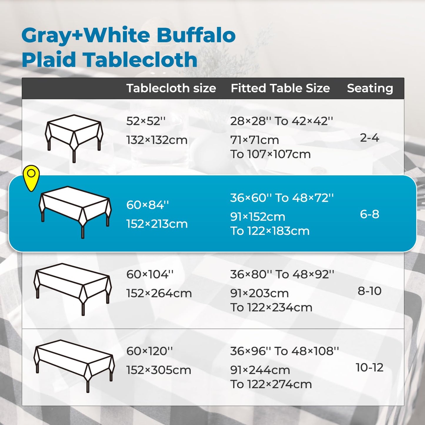 BETRIC Checkered Tablecloth,60x84-Inch,Gray and White,Buffalo Plaid Tablecloth - Washable, Wrinkle-Resistant Suitable for Restaurants, Outdoor picnics and Holiday Decorations-Gray and White