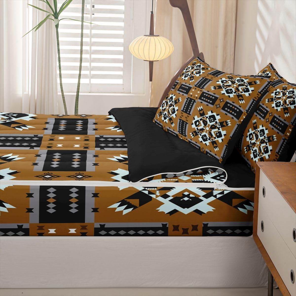 Caramel Tan Southwestern Full Zipper Comforter Set,Lightweight Aztec Tribal 4 Piece Complete Bedding Set Bed in a Bag with Fitted Sheet & Pillowcases,Black and White Geometric for Kids Boys Teen Girls