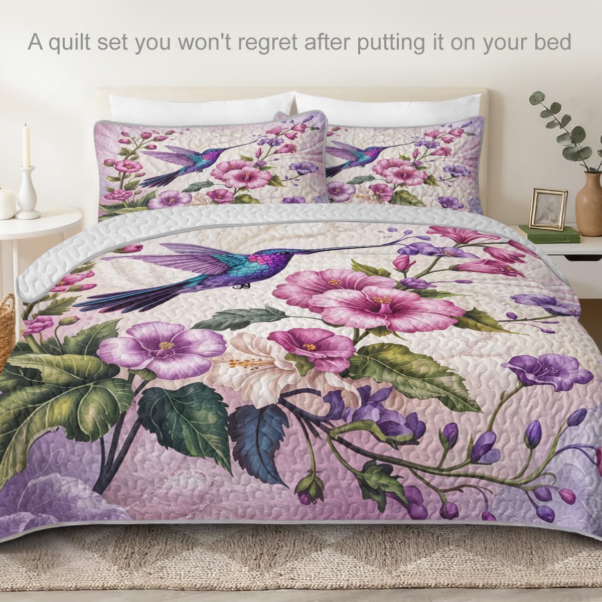 ARIGHTEX Flower Bird Quilt Set, Pink Purple Floral Hummingbird Bedding Set