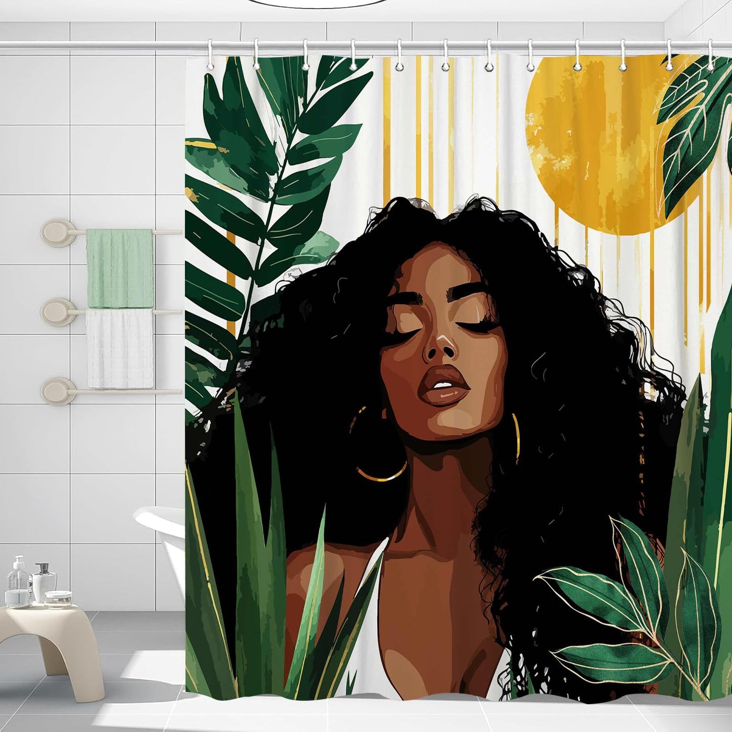 African American Woman Shower Curtain, Sexy Black Girl Lady Bathroom Shower Curtain, Boho Minimalist Art Green Tropical Plant Leaves Modern Bathroom Curtain Set Accessories Decor with Hooks 70X70Inch