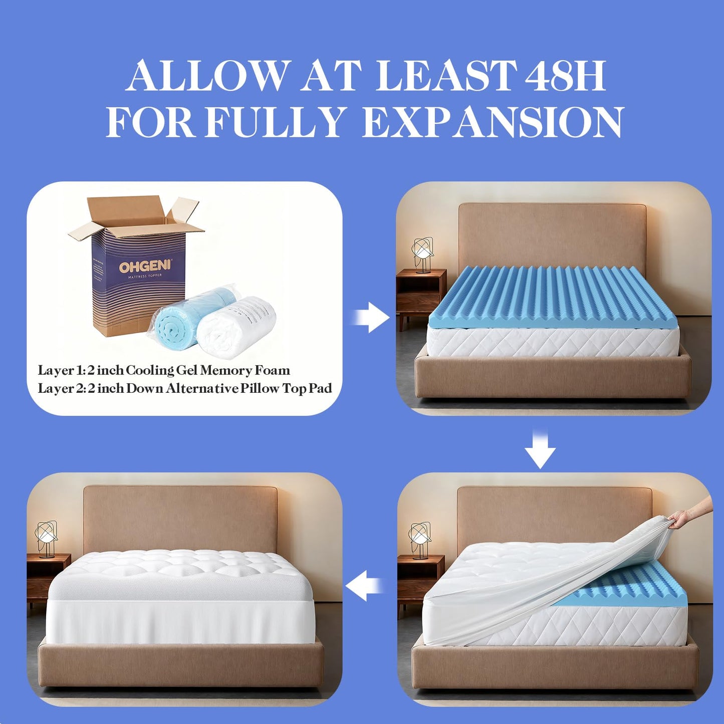 OhGeni Cooling 5 lnch King Size Dual Layer Mattress Topper, 3 Inch Egg Crate Gel Memory Foam, 2 Inch Breathable Pillow Top Pad, Bedroom Mattresses Cover, Extra Comfortable Sleep and Back Pain Relief