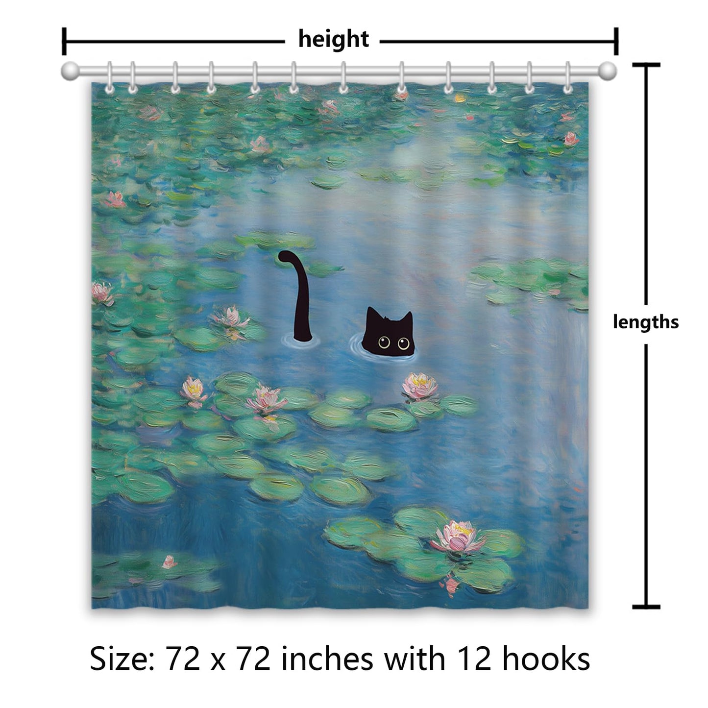 APROPHIC Cat Shower Curtain, Boho Modern Cute Girly Bathroom Curtain, Black Cartoon Cat Lotus Leaves and Flowers Pond Curtain Set, Waterproof Bathroom Home Decor Set with Hooks, 72X72 Inches