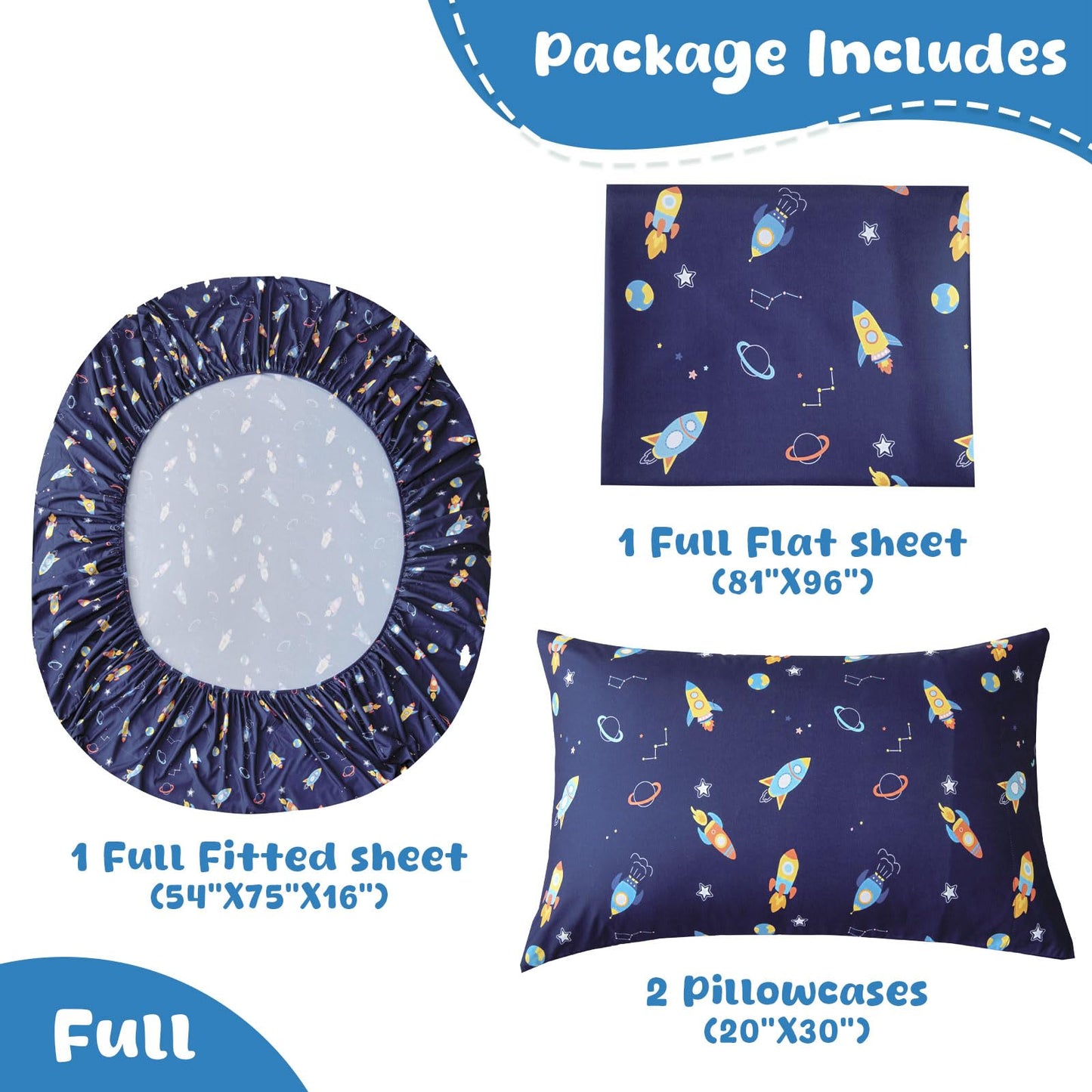 Swiftify Full Size Sheet Set for Kids Boys, 4-Piece Bed Sheet Set for Teens Boys Girls, Cartoon Printed Bedding Set, Microfiber Deep Pocket, Wrinkle & Fade Resistant, Space Rocket