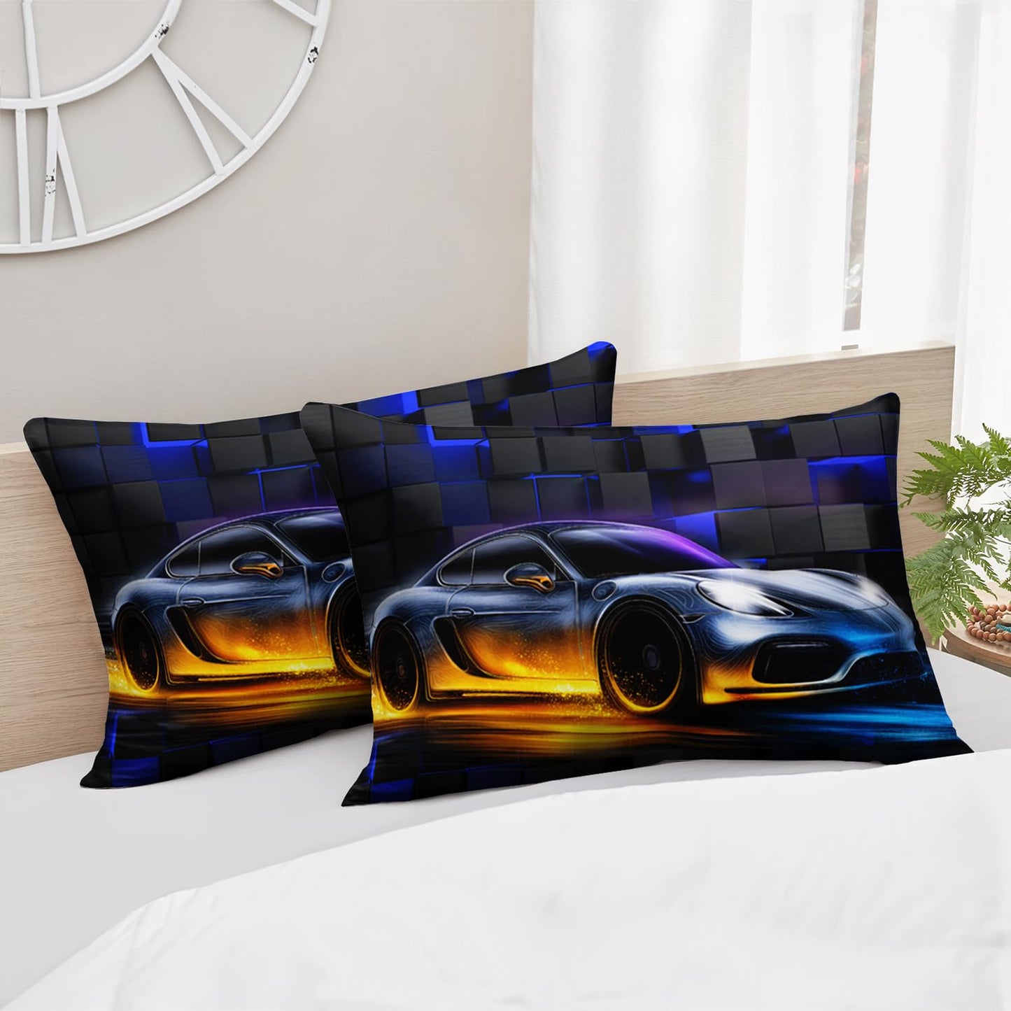 HOSIMA Boys Race Car Fitted Sheet Twin,Black Blue Geometric Background Pattern Lightweight Cool Extreme Sports Bedding for Kids Men Car Room Decor,1 Fitted Sheet+2 Pillowcases.