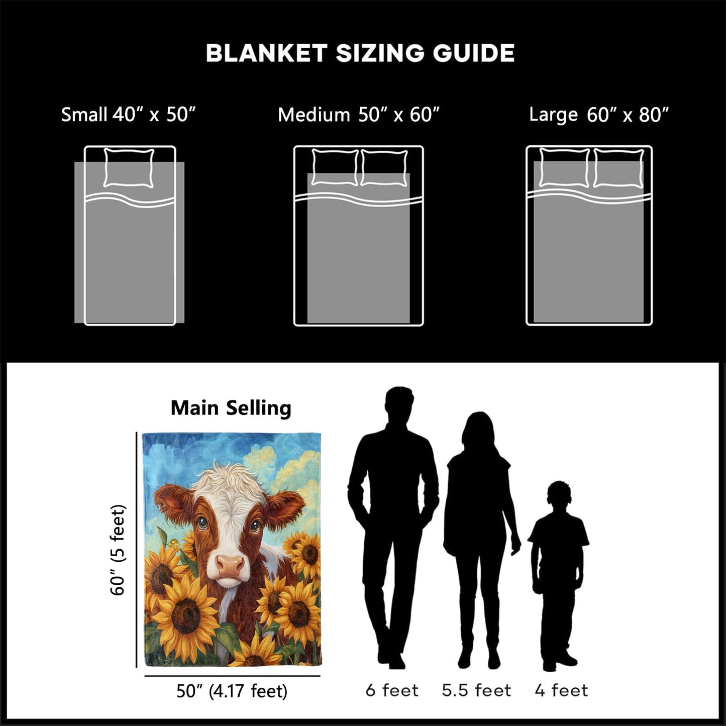 xmwjfd Cute Cow Blanket, Cozy Sunflower Calf Throw Blankets for Couch Bedroom Outdoor, Lightweight Soft Flannel Travel Throw, Gifts for Women Boys Girls, Home Cabin Dorm Decor 50"×60"