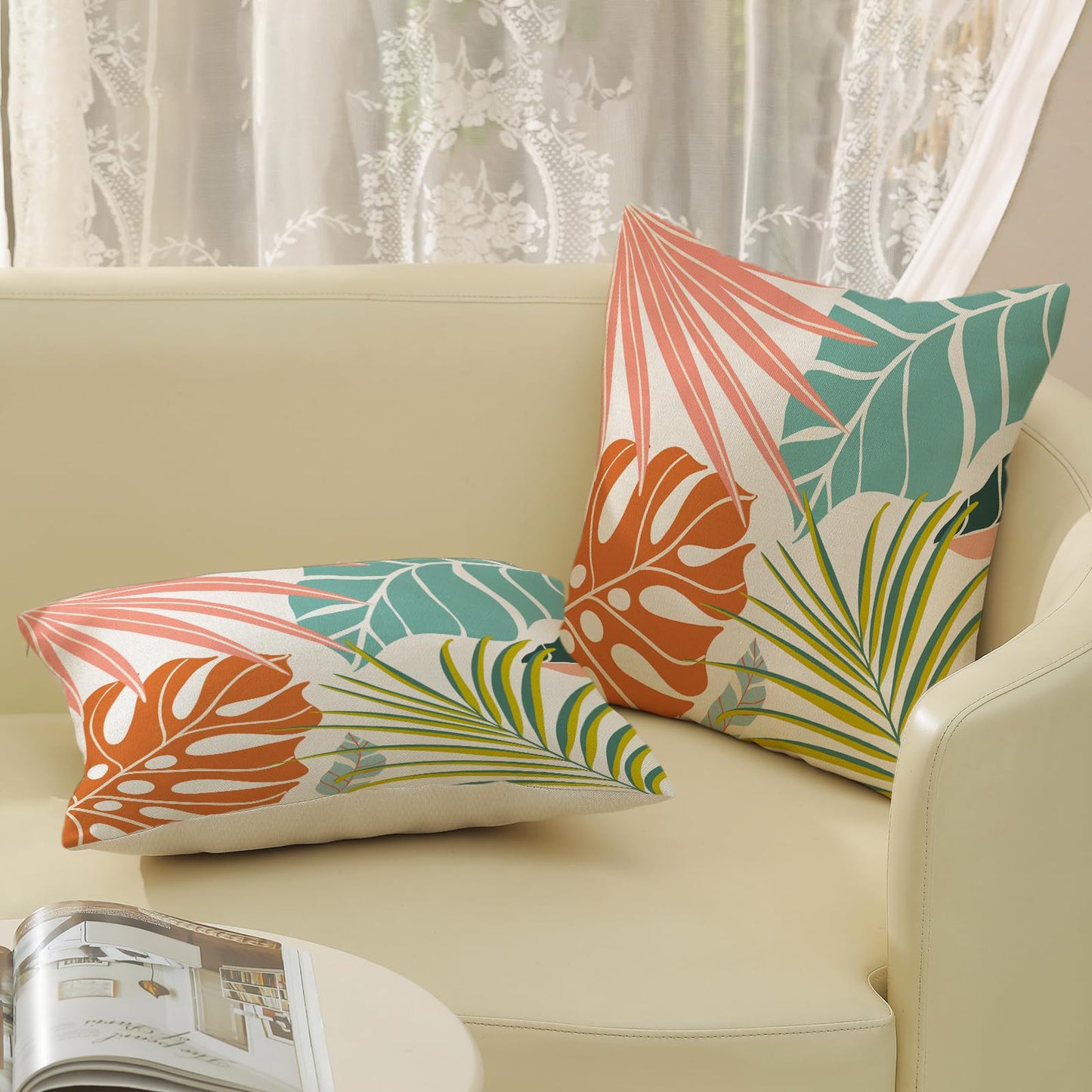 GOLIANDA Summer Tropical Pillow Covers 18x18 Set of 2, Monstera Palm Leaf Pillowcase Green Orange Botanical Coral Summer Throw Pillows Outdoor Decor Farmhouse Cushion Case Linen Decorative for Home
