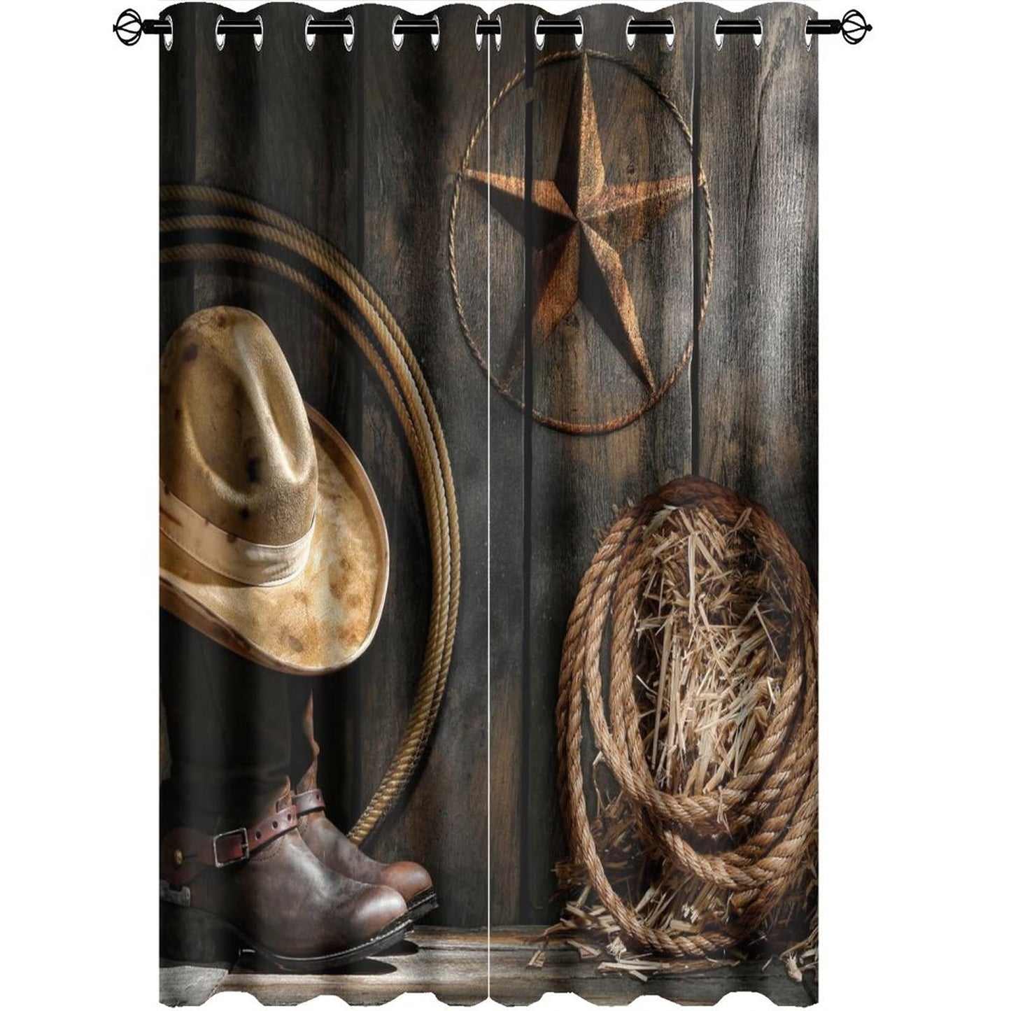 Kazynee Western Farmhouse Room Darkening Blackout Window Curtains with Grommets,Rustic Cowboy Leather Boots Texas Star Hat on Wooden Energy Efficient Window Treatment 2 Panels 63L x 21W