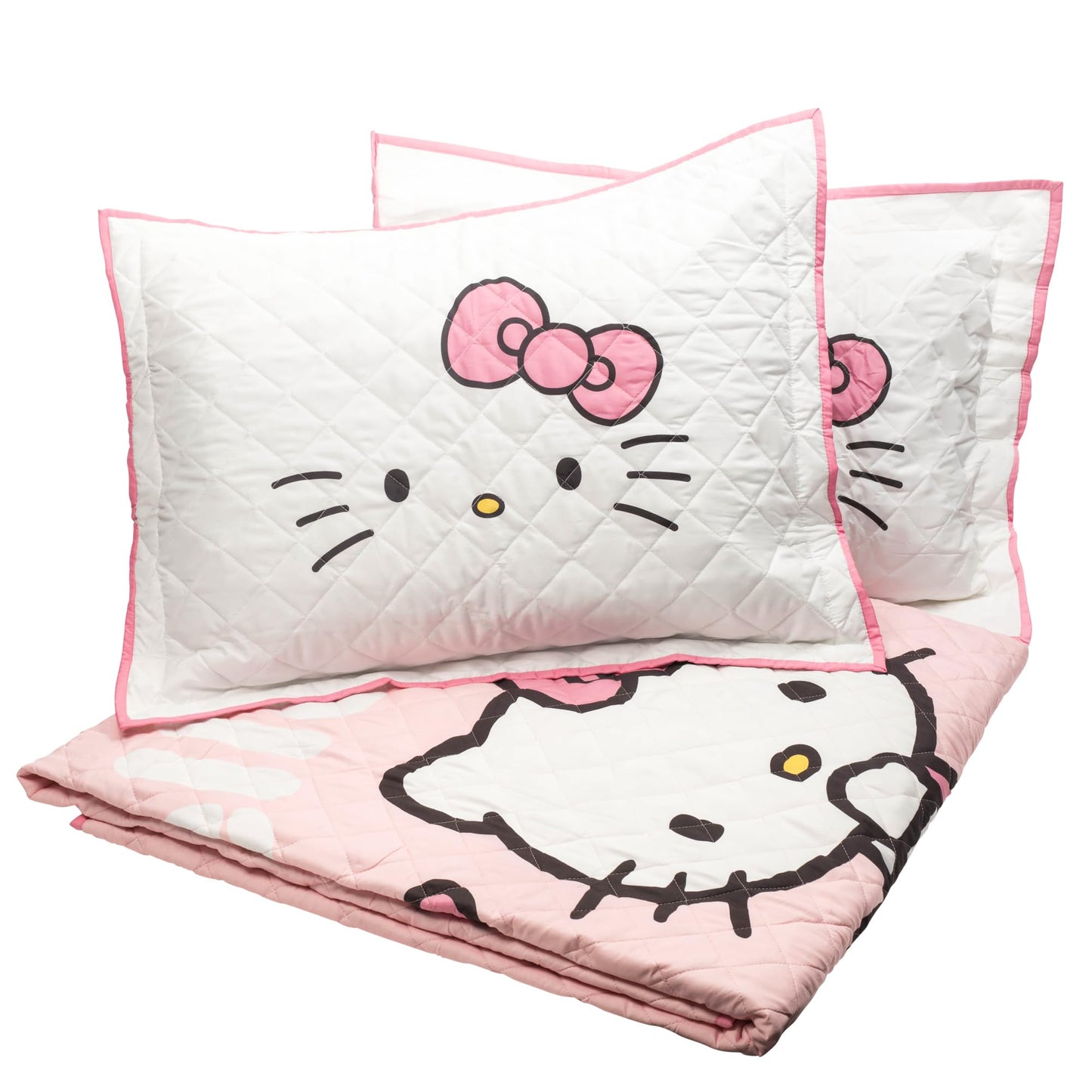 Jay Franco Sanrio Hello Kitty Pink Stripes & Hearts Full/Queen Quilt & Sham Set, 3-Piece Super Soft Cozy Quilted Bedspread Comforter, Fade Resistant Machine Washable (Official Sanrio Product)
