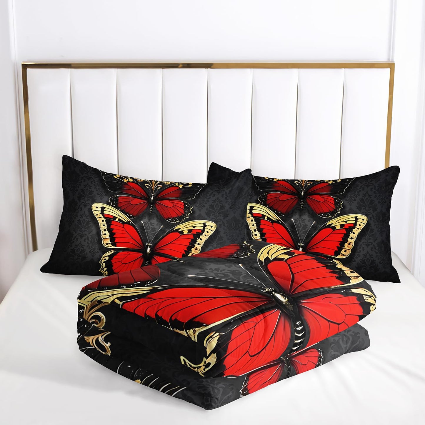 lneffble Red and Gold Butterfly Comforter Sets Queen Size Bed Set，Gothic Queen Size Bedding Set，with 1 Comforter with 2 Pillow Case，Butterfly Themed Bedroom Decor