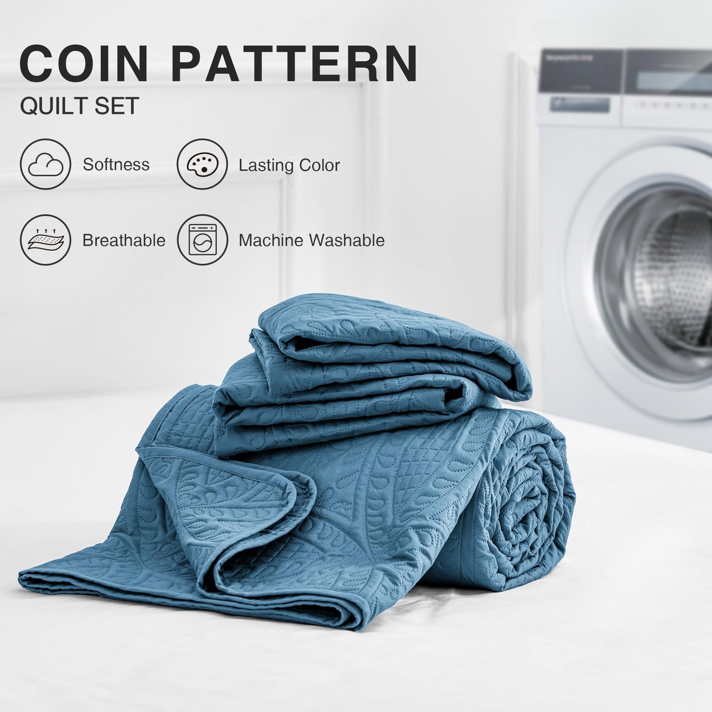 Love's cabin California King Size Quilt Bedding Set Misty Blue Bedspreads - Cal King Lightweight Bedspread Comforter - Coin Pattern Coverlet for All Season - 3 Pieces (1 Quilt, 2 Pillow Shams)