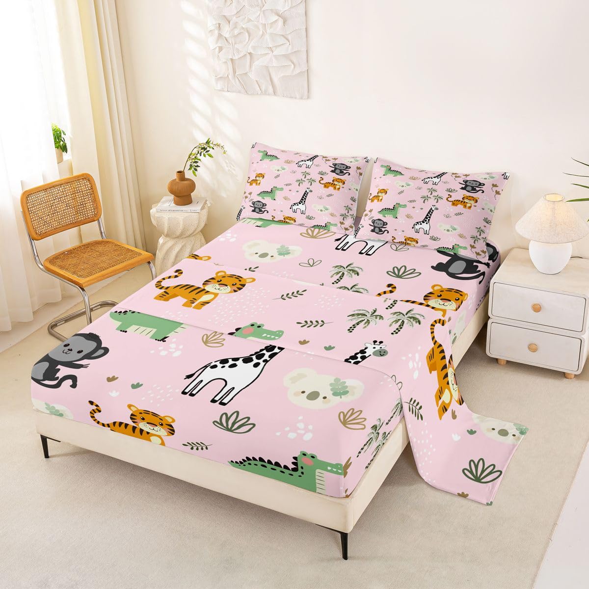Erosebridal Jungle Animals Bed Sheets Full Cartoon Kawaii Sheet Set for Kids Boys Girls Monkey Giraffe Crocodile Tiger Sheets Hunting Wildlife Flat Fitted Sheet 3 Pcs