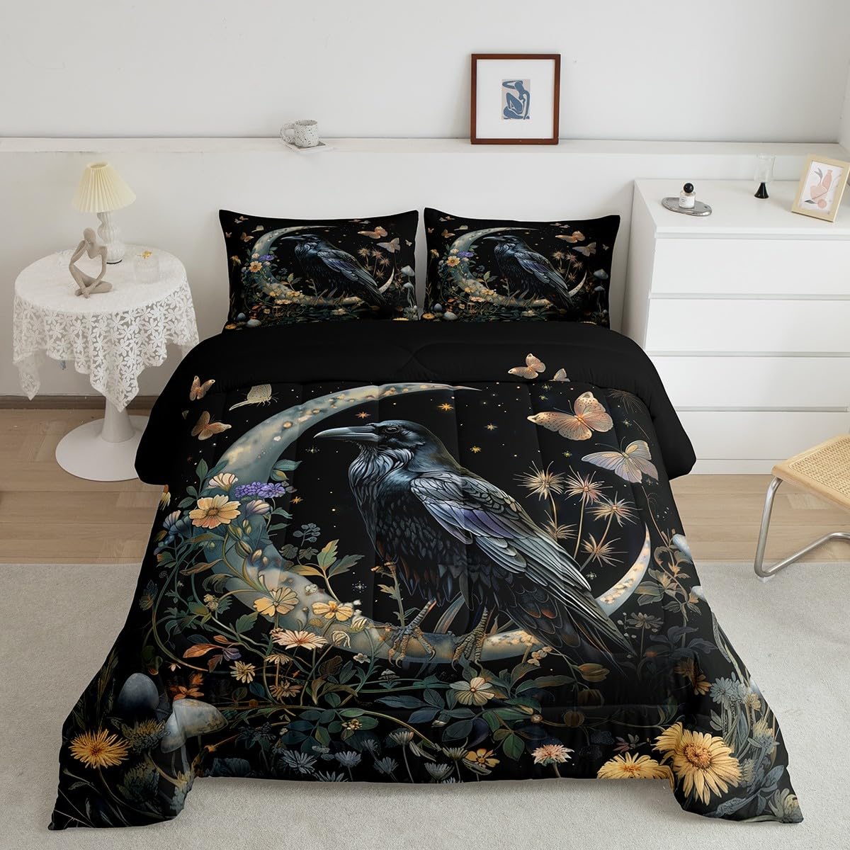Black Crow Comforter Set Queen Size,Moon Daisy Flower and Butterfly Bedding Set,Kids Girls Boys Teens Room Decor,Halloween Theme Animals Plants Quilt Set Boho Trippy Duvet Insert,2 Pillowcases…
