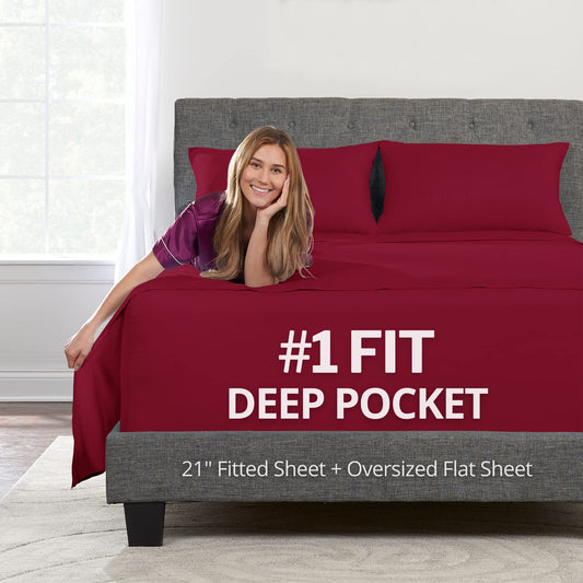 Deep Pocket King Size Sheets – 21” Oversize Bed Linens, 4Piece [Deep Flat Sheet, Fitted, 2X Zippered Pillowcases] – 18”-23” – Red
