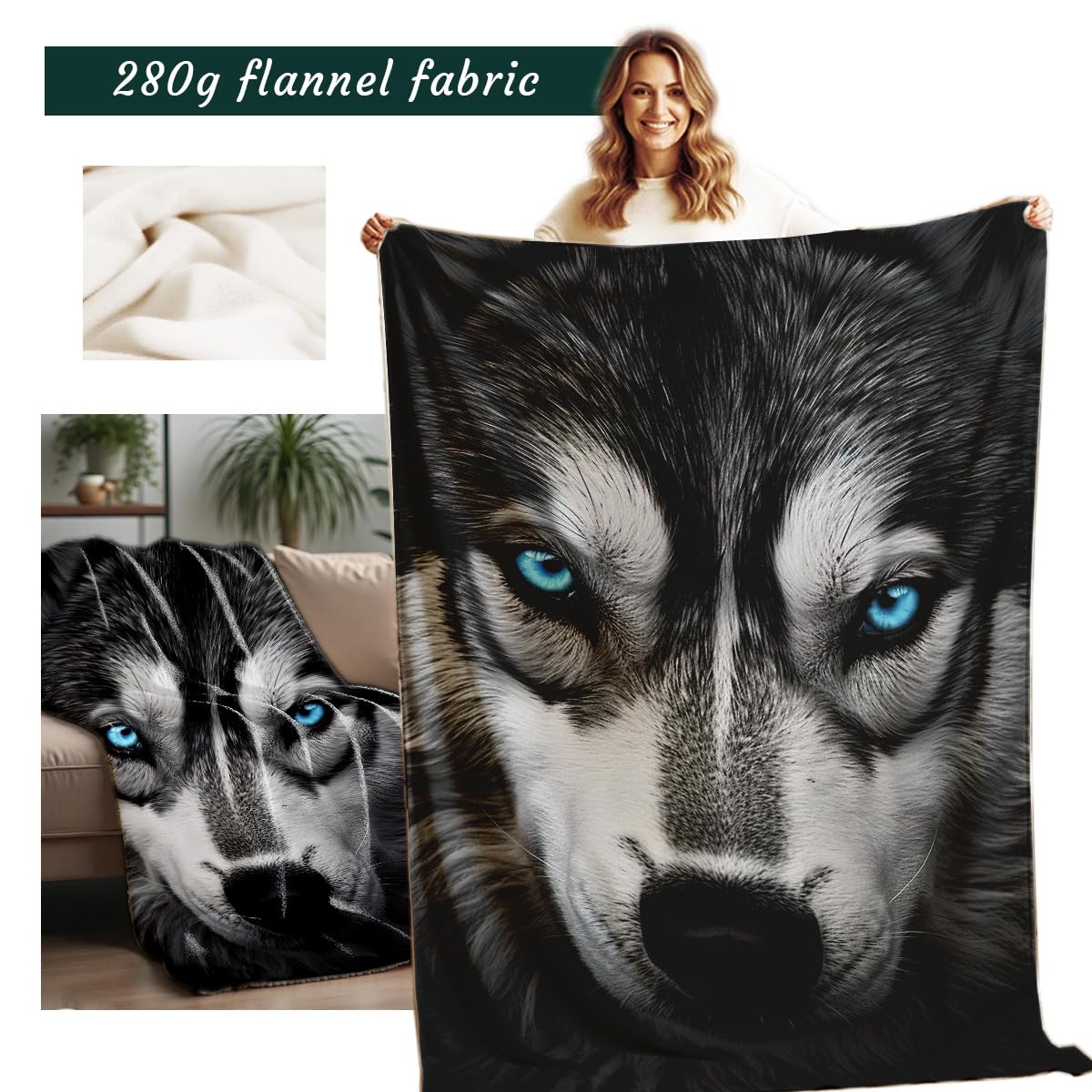 HUNXIAOJ Printed Bed Blanket Black and Blue Wild Animal Throw Wolf Flannel Blankets Queen Size Blankets for Men Boy Bed Sofa Office Chair Blanket(49"x59")
