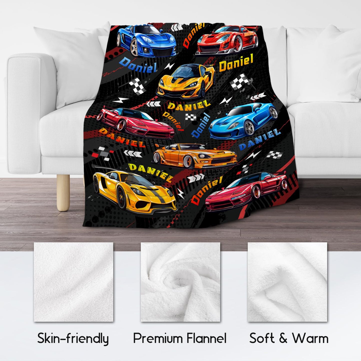 AIOMXZZ Kids Blanket for Boys, Personalized Racing Car Blankets Gifts for Toddler Teens, Custom Car Themed Flannel Throws with Name, 4 Size