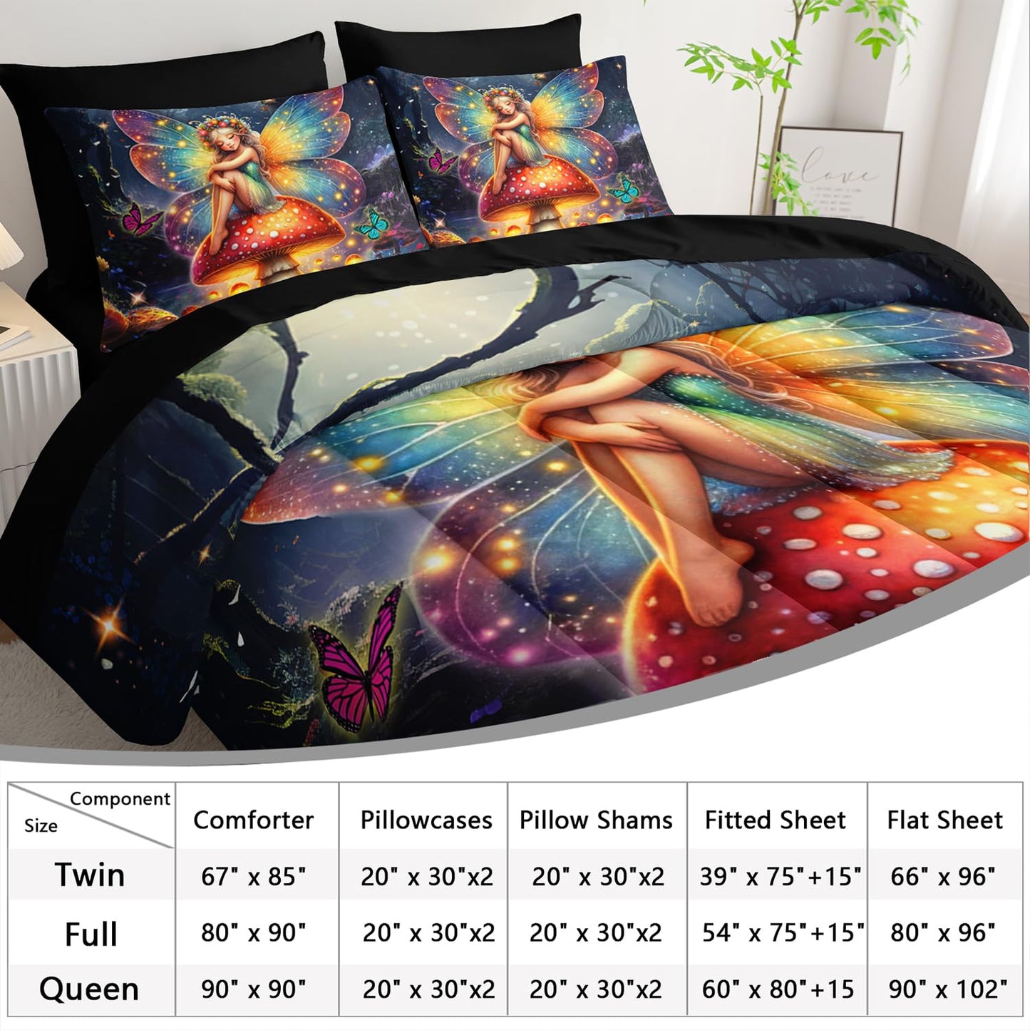 AILONEN 7-Piece Kids Beautiful Fairy Comforter Set,Butterfly Mushroom Fairy Bedding Set Bed in a Bag Twin Size,Girl Forest Spirit Comforter & Fitted Sheet with Flat Sheet,2 Pillowcases,2 Pillow Shams