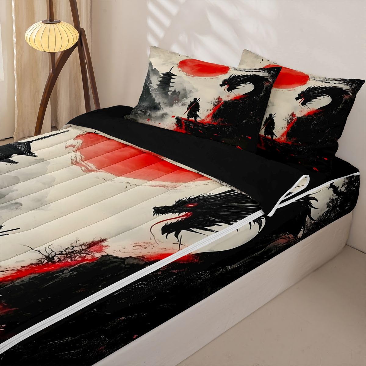 Erosebridal Japanese Theme Kids Bedding Set Full Samurai Dragon Zipper Comforter Set for Boys Girls Teen Black and Red Zip Up Bedding Retro Sun Mountain Bed in a Bag Set with Fitted Sheet