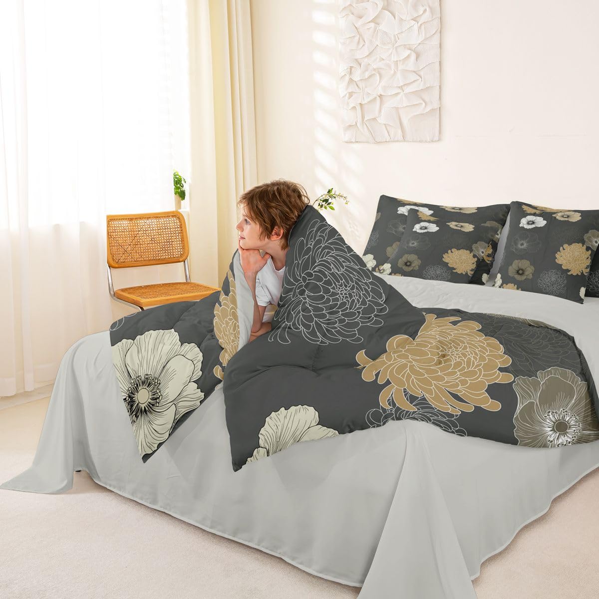 Feelyou Floral Flower 7 Piece Bedding Set Grey Brown Comforter Set with Sheets for Kids Boys Girls Poppy Flower Hydrangea Bed in a Bag Damask Print Bed Set Soft Lightweight