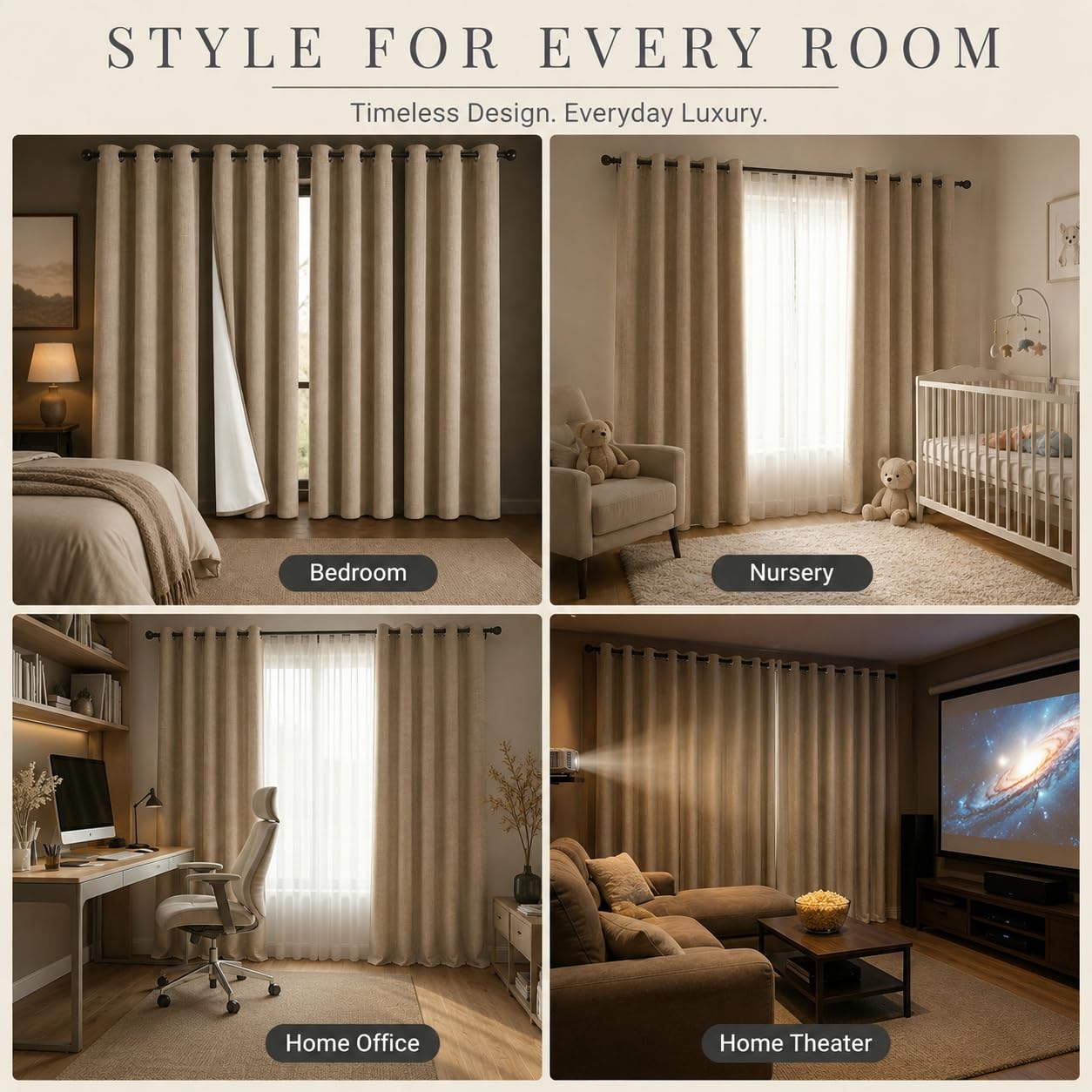 Fchozu 100% Blackout Curtains Set of 4 Panels, Grommet Drapes, Thermal Insulated and Noise Reducing Room Darkening Curtains for Bedroom Living Room