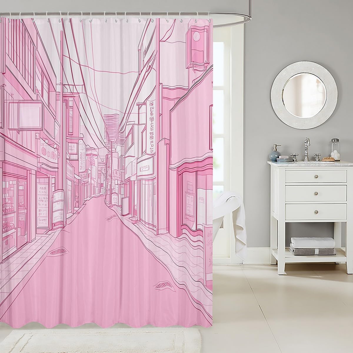 jejeloiu Girls Tokyo Street Shower Curtain 72"x72" Pink Japanese Street Bath Curtain for Boys Teens Traditional Retro Bathroom Shower Curtain Set Waterproof Japanese Ukiyoe Kids Bathroom Accessories