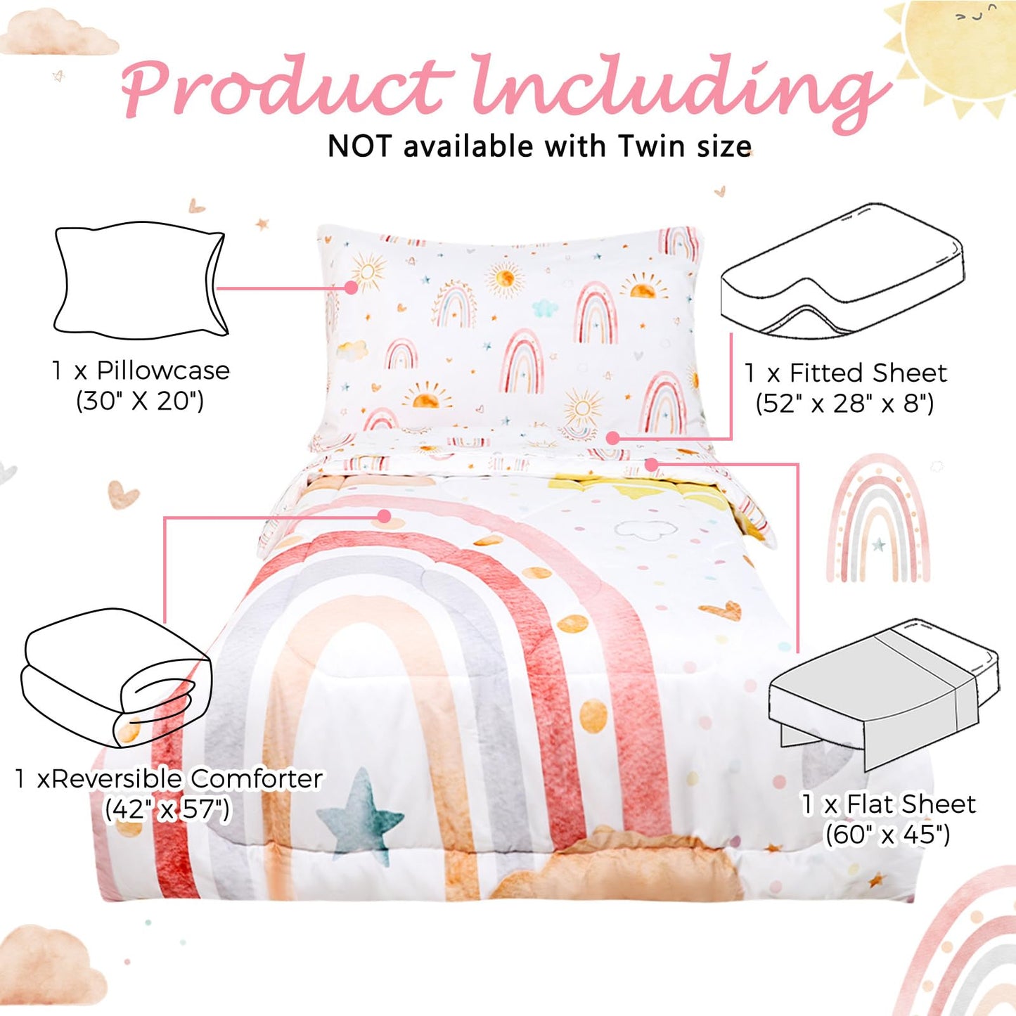 CARUILI Toddler Bedding Set for Girls 4 Piece Pink Rainbow Toddler Girl Bedding Set Super Soft & Lightweight Toddler Comforter Set Includes Comforter, Flat Sheet, Fitted Sheet, Pillowcase