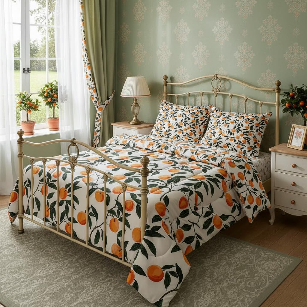 Manfei Cartoon Oranges 2Pcs Comforter Set Twin Size Country Rustic Bedding Set Kids Teens Adult Room Decor Botanical Themed Duvet Insert,1 Pillowcase Cute Fruit Printed