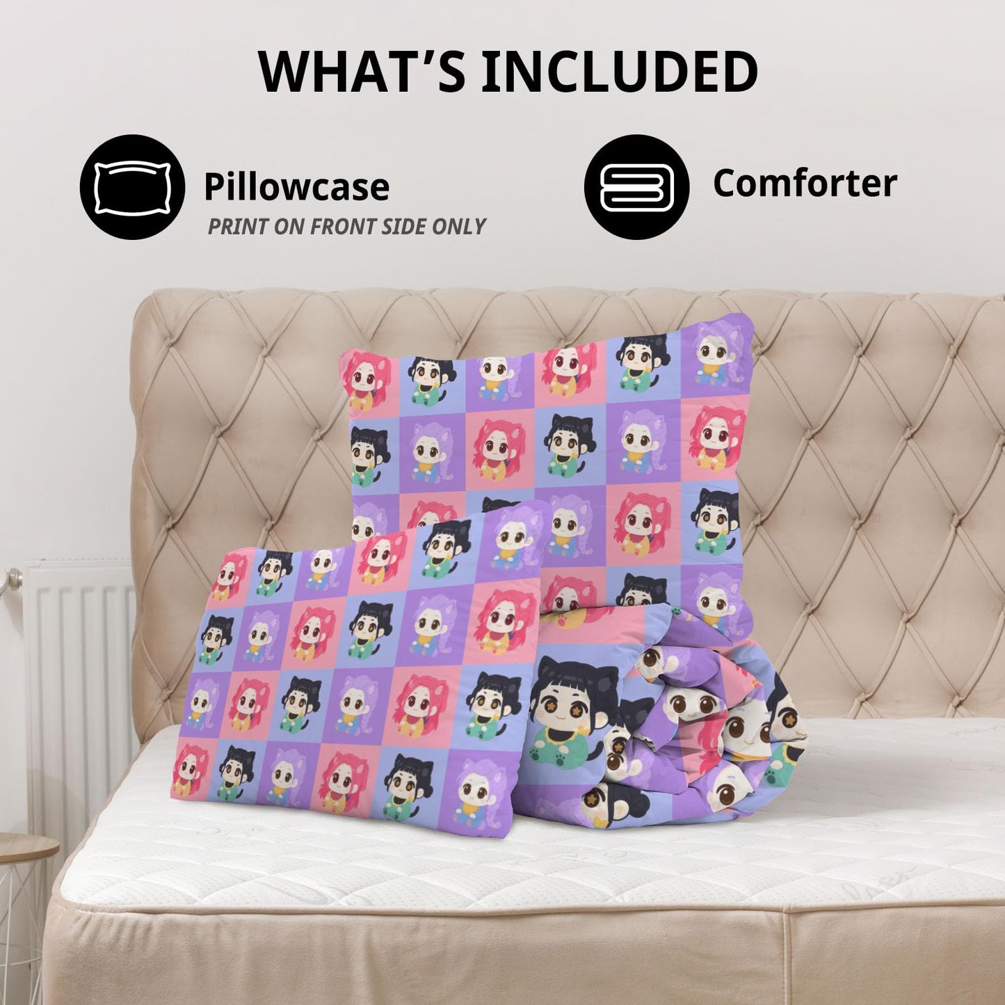 Allenjoy Cute Seamless Purple Korean Hunter Comforter Set with 1 Pillowcase for Girls Teens Women Fans Daughter Bedroom Nursery Bedding Room Decor, Machine Washable Durable Twin Size
