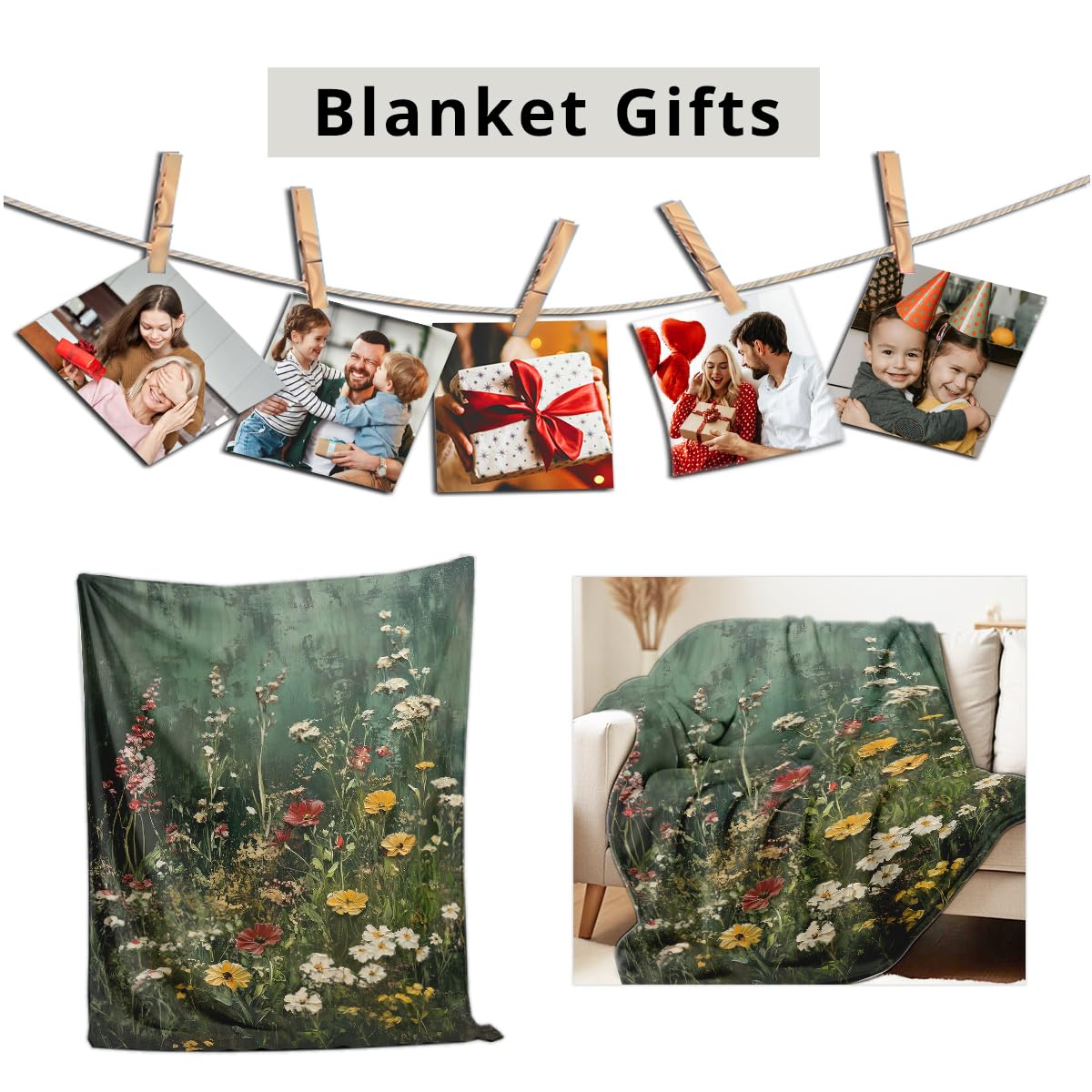 HUNXIAOJ Wildflower Print Blanket Flower Throw Blanket for Couch Bed Chair Soft Green Floral Flannel Throw Wildflower Decor Gifts (49"x59")