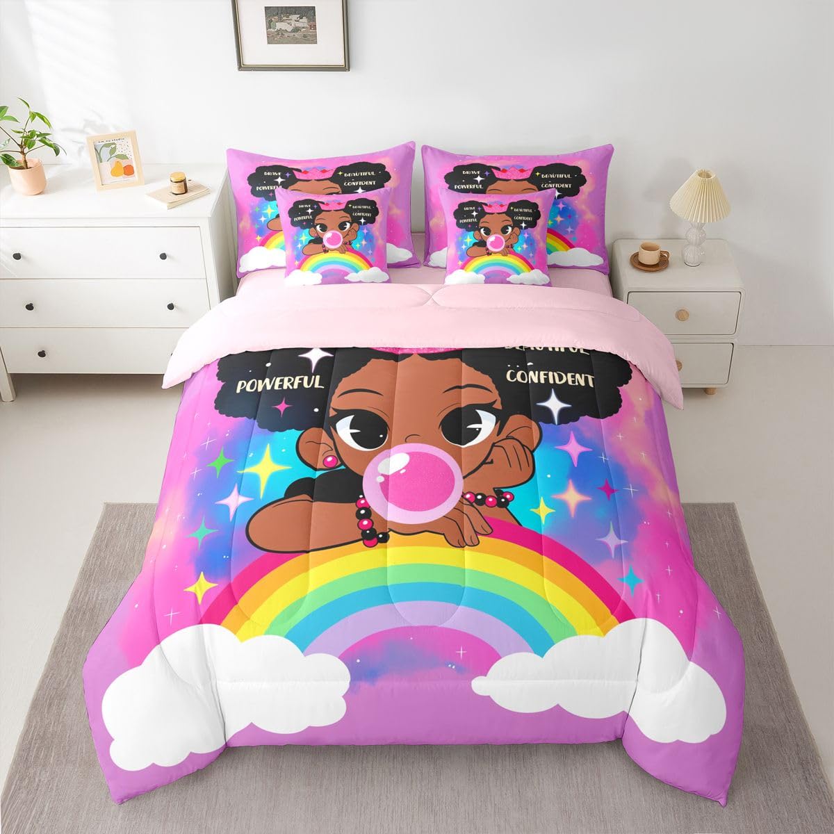 Erosebridal Black Girls Magic Queen Bedding Set Coloful Rainbow Comforter Set with Flat and Fitted Sheet Teen Kids Trendy Glitter Stars Print 7-Piece Bed in a Bag Empowering Quote Quilt Sets