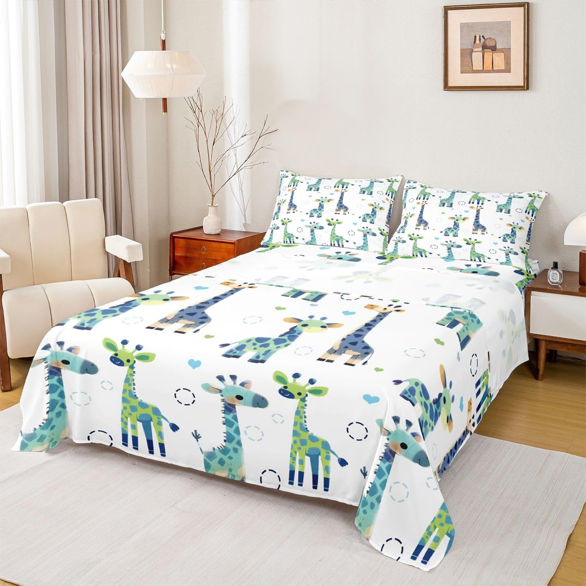 Erosebridal Giraffe Sheet Set Full Cartoon Kawaii Bed Sheets for Kids Boys Girls Geometric Circle Flat Fitted Sheet Contemporary Sheets 3 Pcs