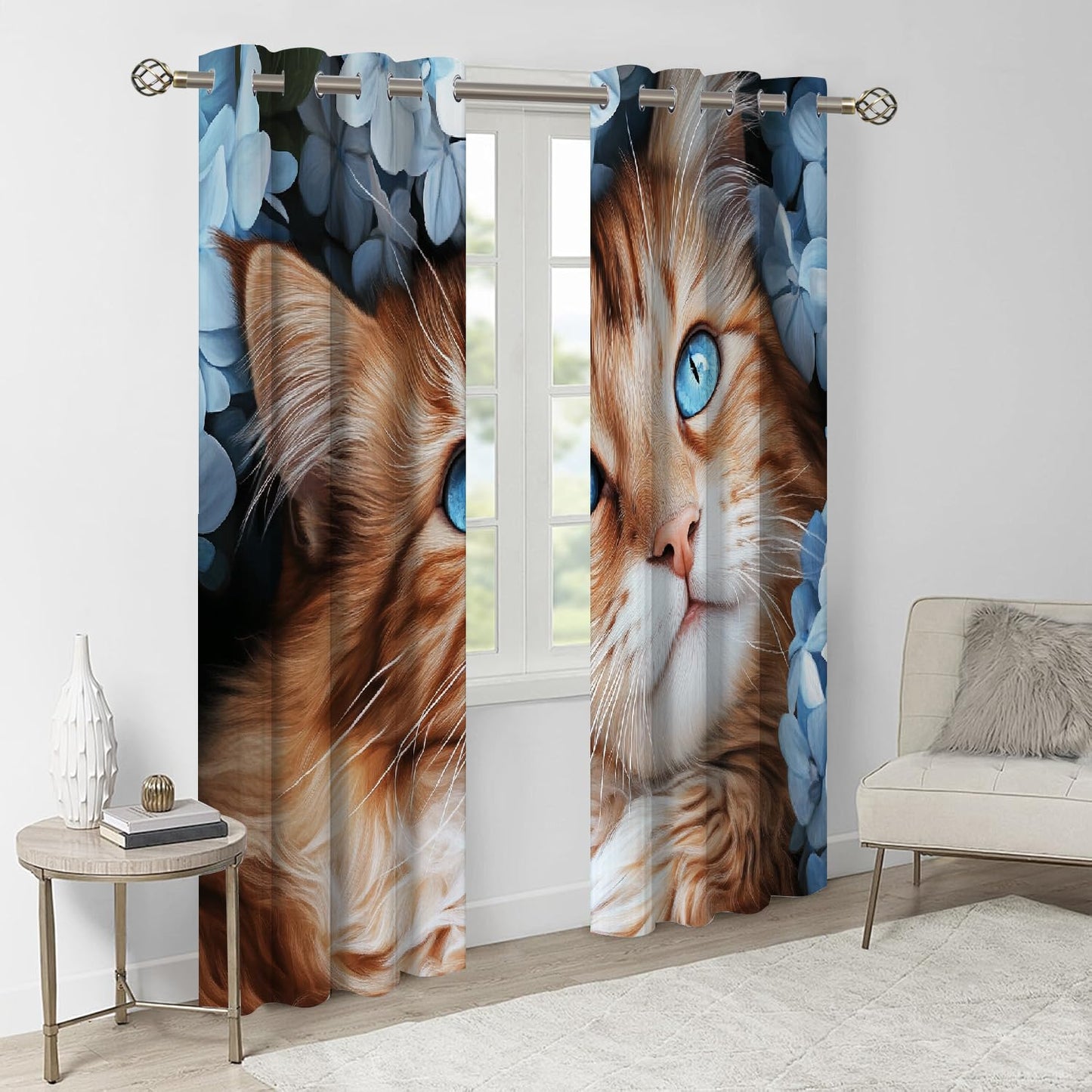 Cute Cats Animals Blackout Curtains, Elegant White Flowers 2 Panel Top Grommet Drapes, 3D Print Thermal Insulated Room Darkening Curtains for Living Room Kids Bedroom(104" W x 63 "L)