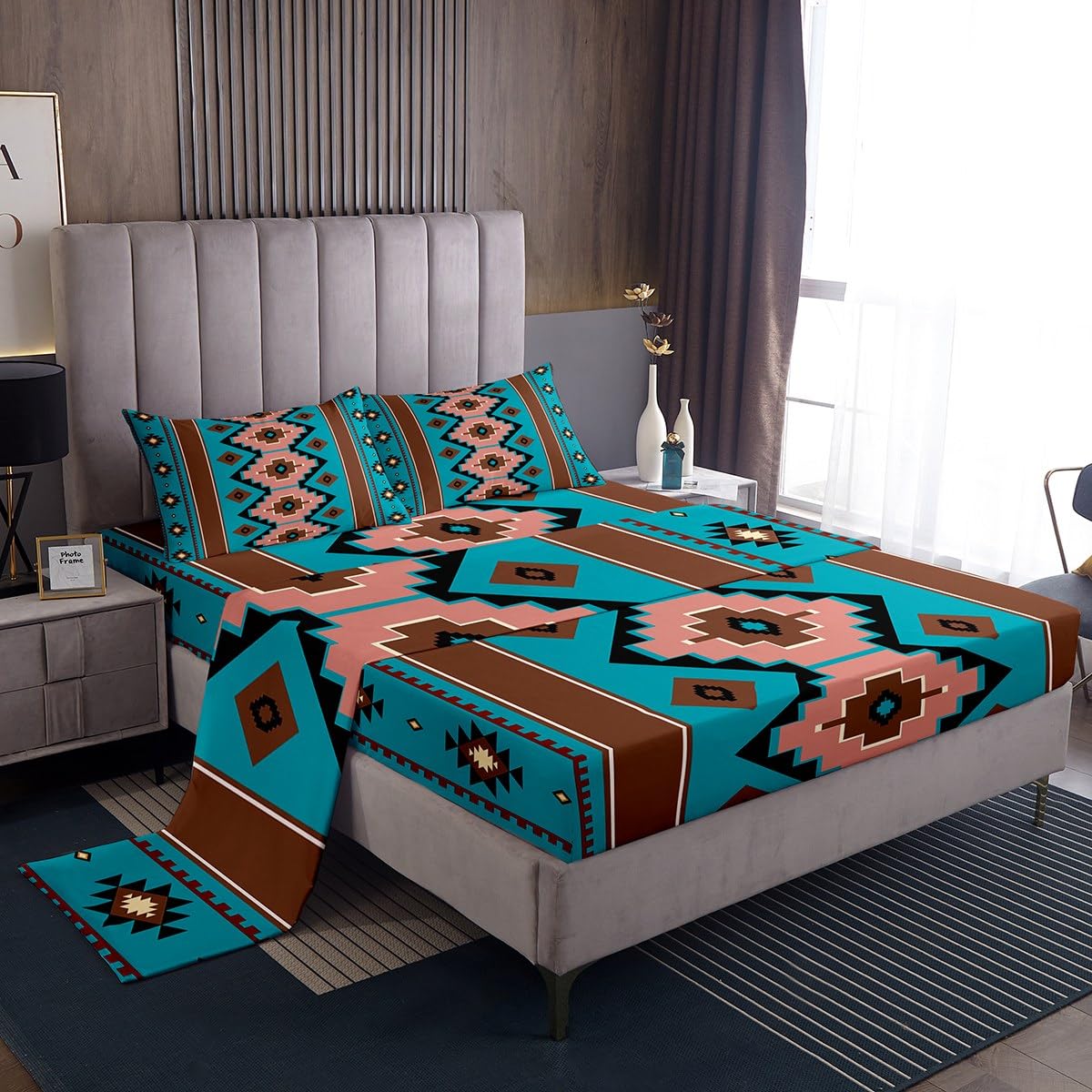 Feelyou Boho Aztec Bed Sheets Set King Size West Deep Pocket Fitted Sheet Teel Brown Bedding Sets Western Soft Bed Set 4Pcs with 2 Pillow Cases