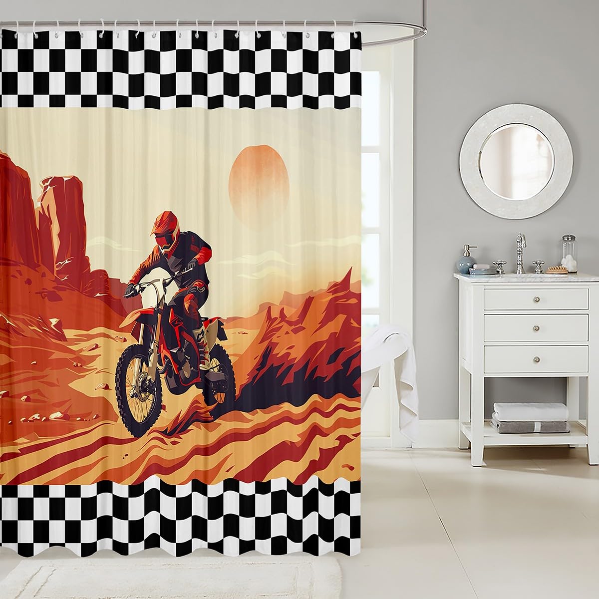 Feelyou Kids Dirt Bike Bathroom Shower Curtain Set Extreme Sports Bath Curtain Boys Girls for Racing Motocross Rider Shower Curtain Motorcycle Teens Bathroom Accessories Bedroom Decor 72"x72"