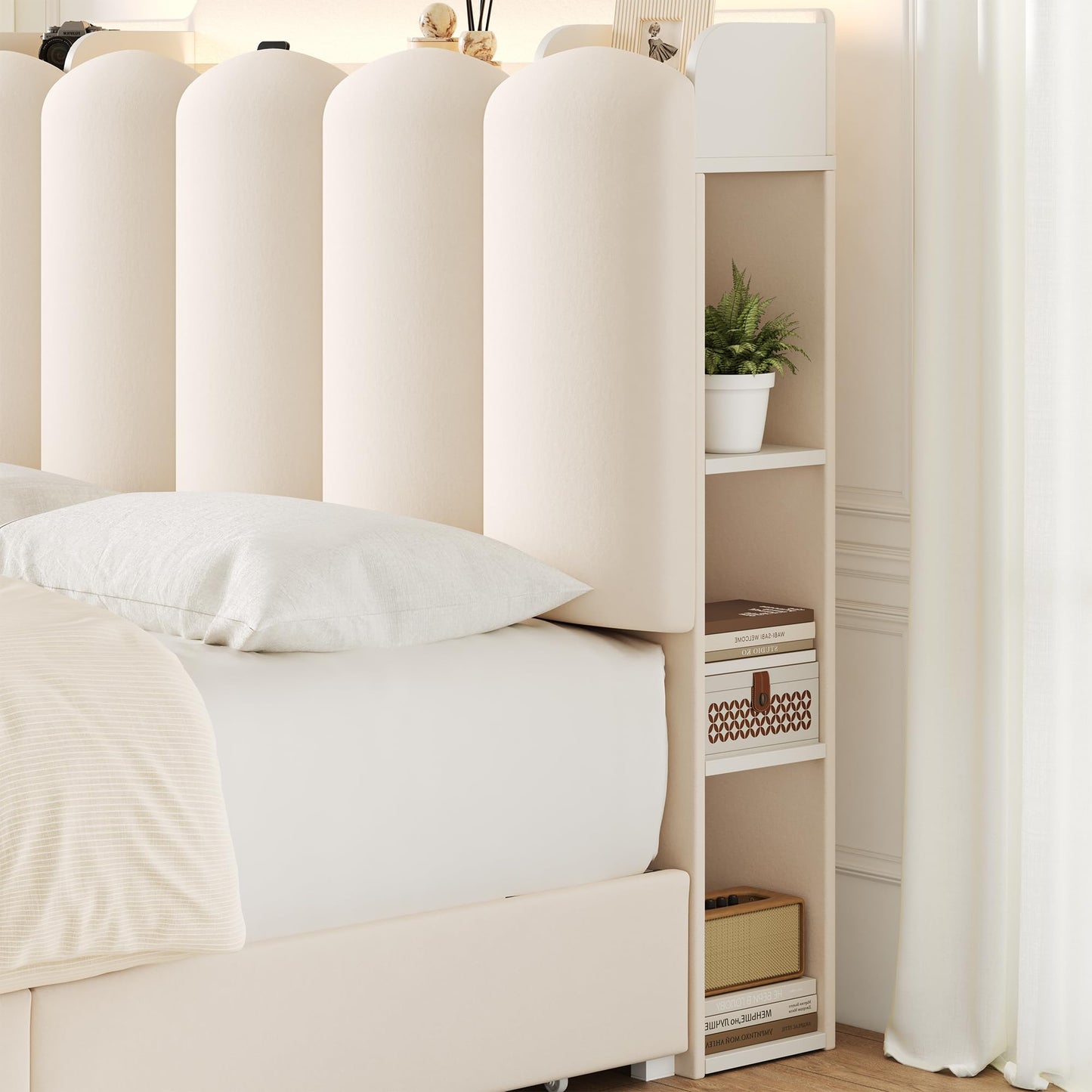 HOSTACK Twin Upholstered Platform Bed Frame with Storage Headboard, Beige