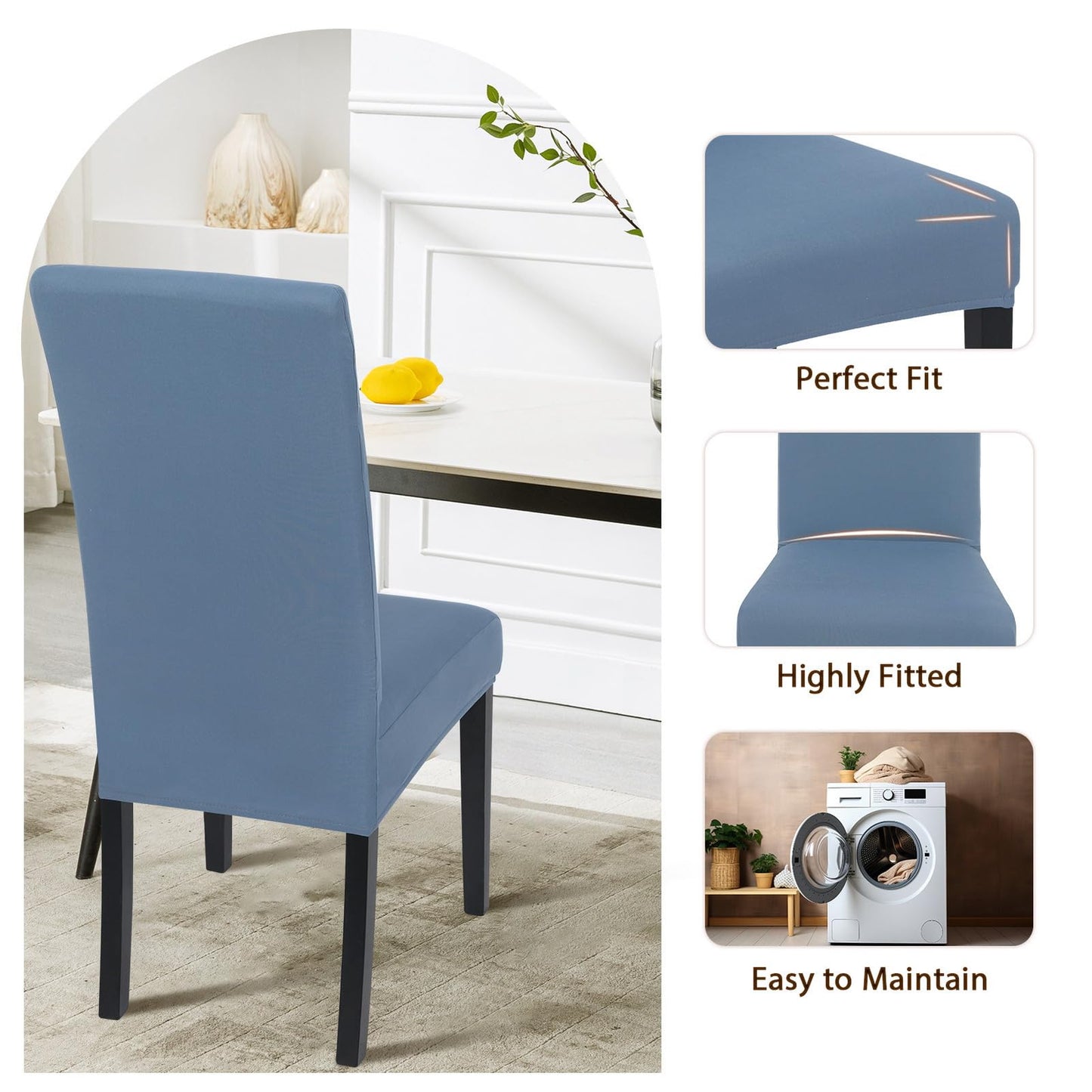 SearchI Dining Room Chair Covers Set of 4, Stretch Solid Color Parsons Chair Slipcovers Spandex Removable Washable Kitchen Chair Protector Cover for Dining Room, Hotel, Ceremony (Gray Blue)