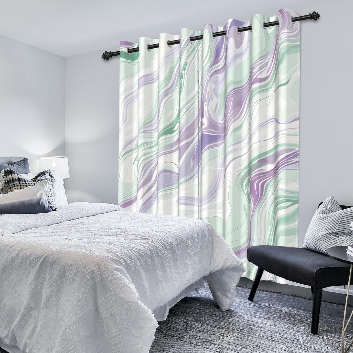 Xiazhilaio Abstract Fluid Art Blackout Curtains 2 Panels Set - Mint Green & Lavender Marble Pattern Window Drapes, Thermal Insulated Room Darkening Curtains for Modern Bedroom Decor, 52x84 Inch