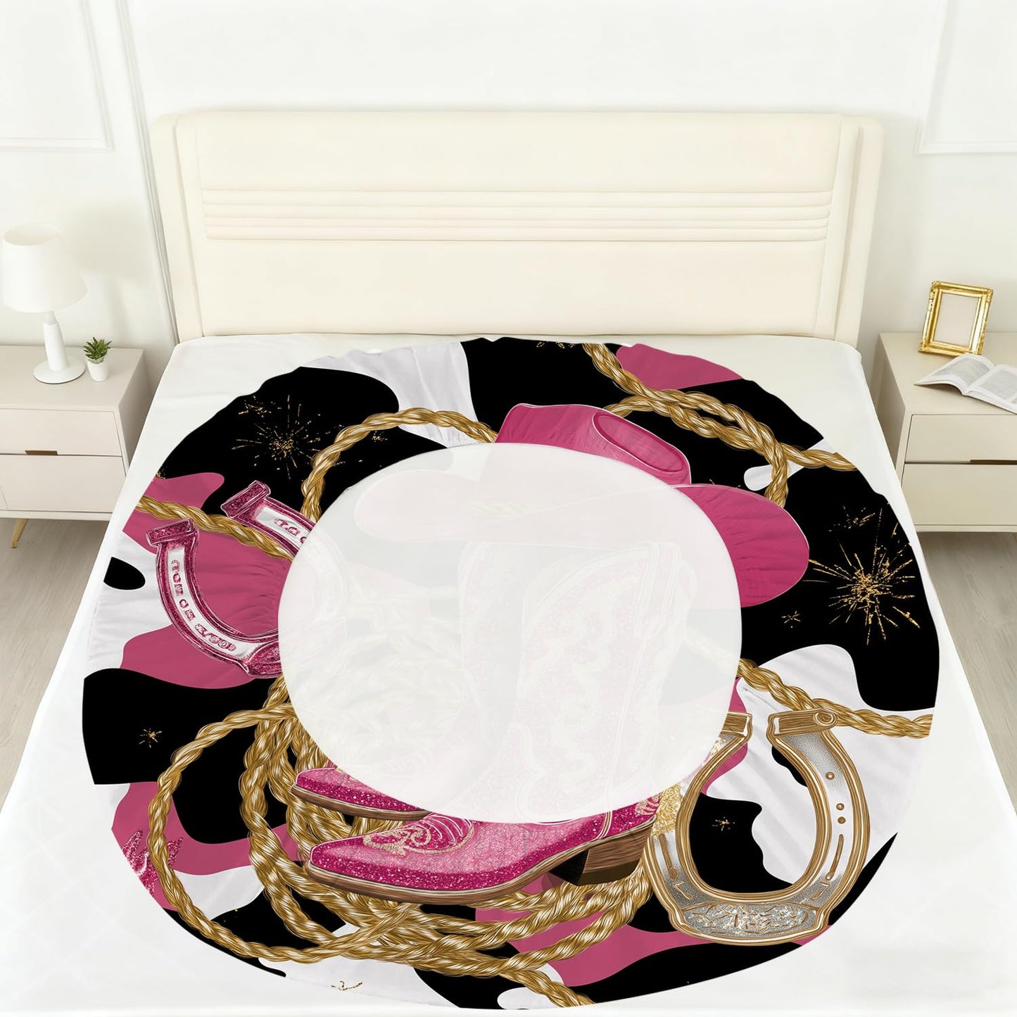 VTKON Pink Cowgirl Sheet Set Twin Size for Girls Boys Kids Women Glitter Boots & Horseshoe Print Fitted Sheet Set Cowhide Pattern Bed Sheets 1 Fitted Sheet+1 Flat Sheet+1 Pillowcase