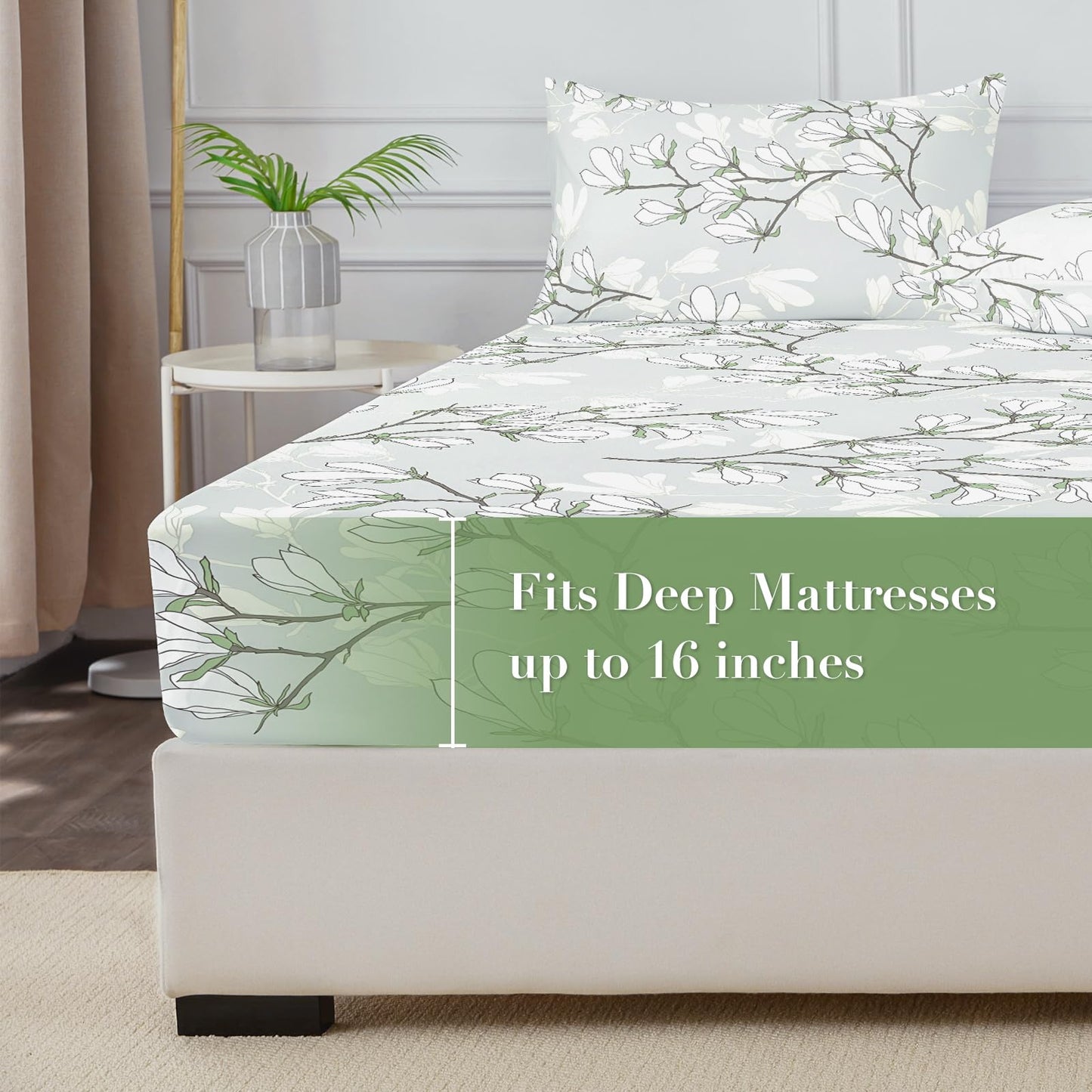 HCORA Floral Fitted Sheet with Pillow Cases, 100% Brushed Microfibre Deep Pocket Fitted Bottom Sheet, Ultra Soft, Shrinkage and Fade Resistant, Full Size